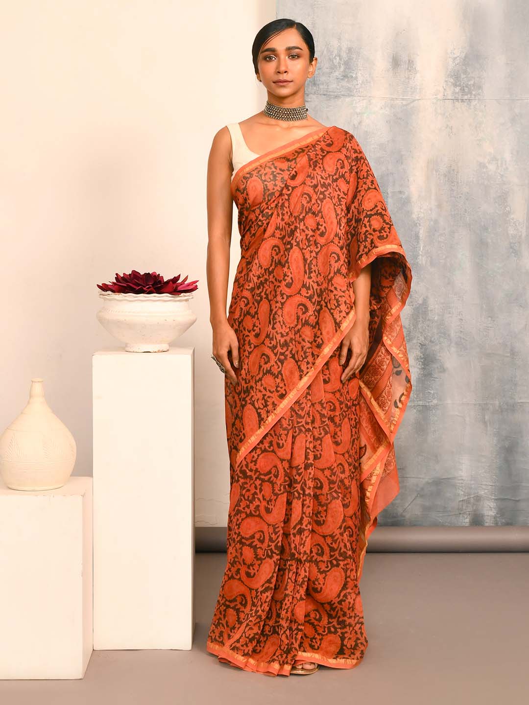 Bagru Orange Printed Work Wear