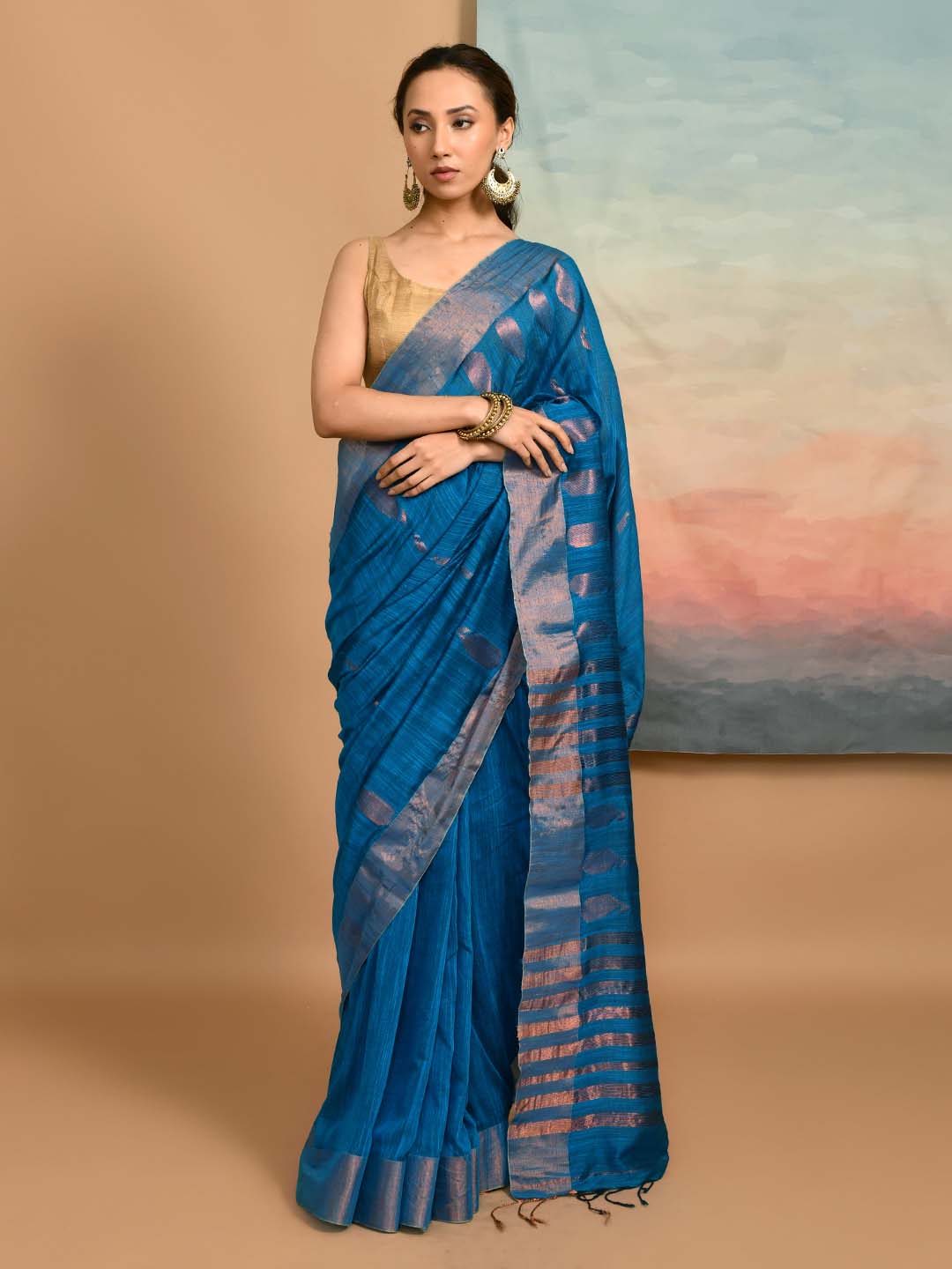 Jamdani Blue Woven Design Work Wear