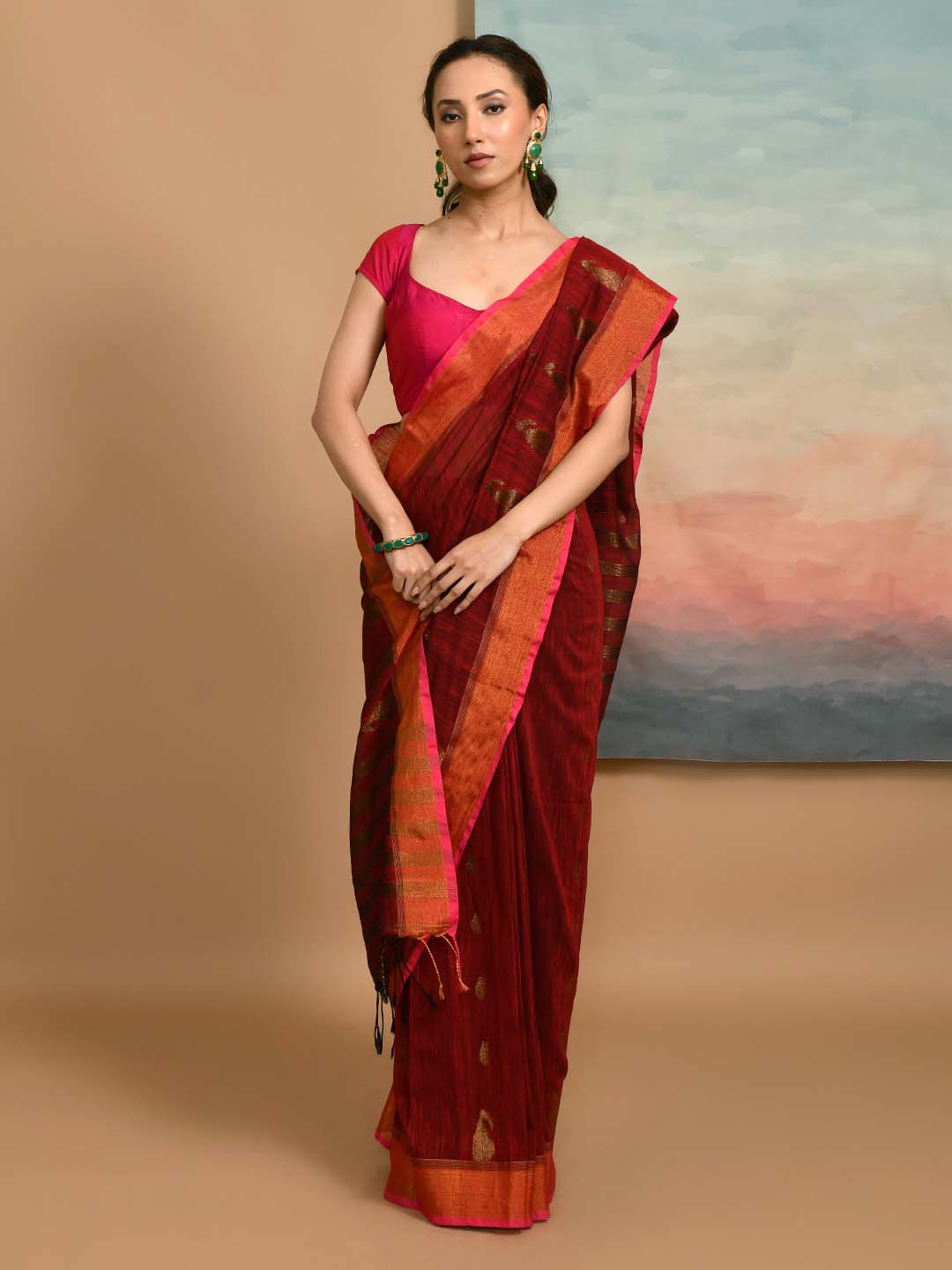 CRIMSON ELEGANCE (HANDLOOM LIVA SAREE)