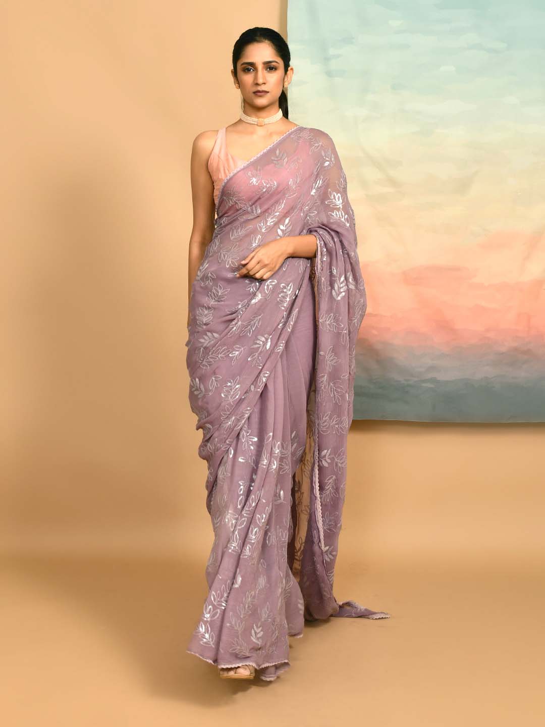 Mauve Embroidered Party Wear