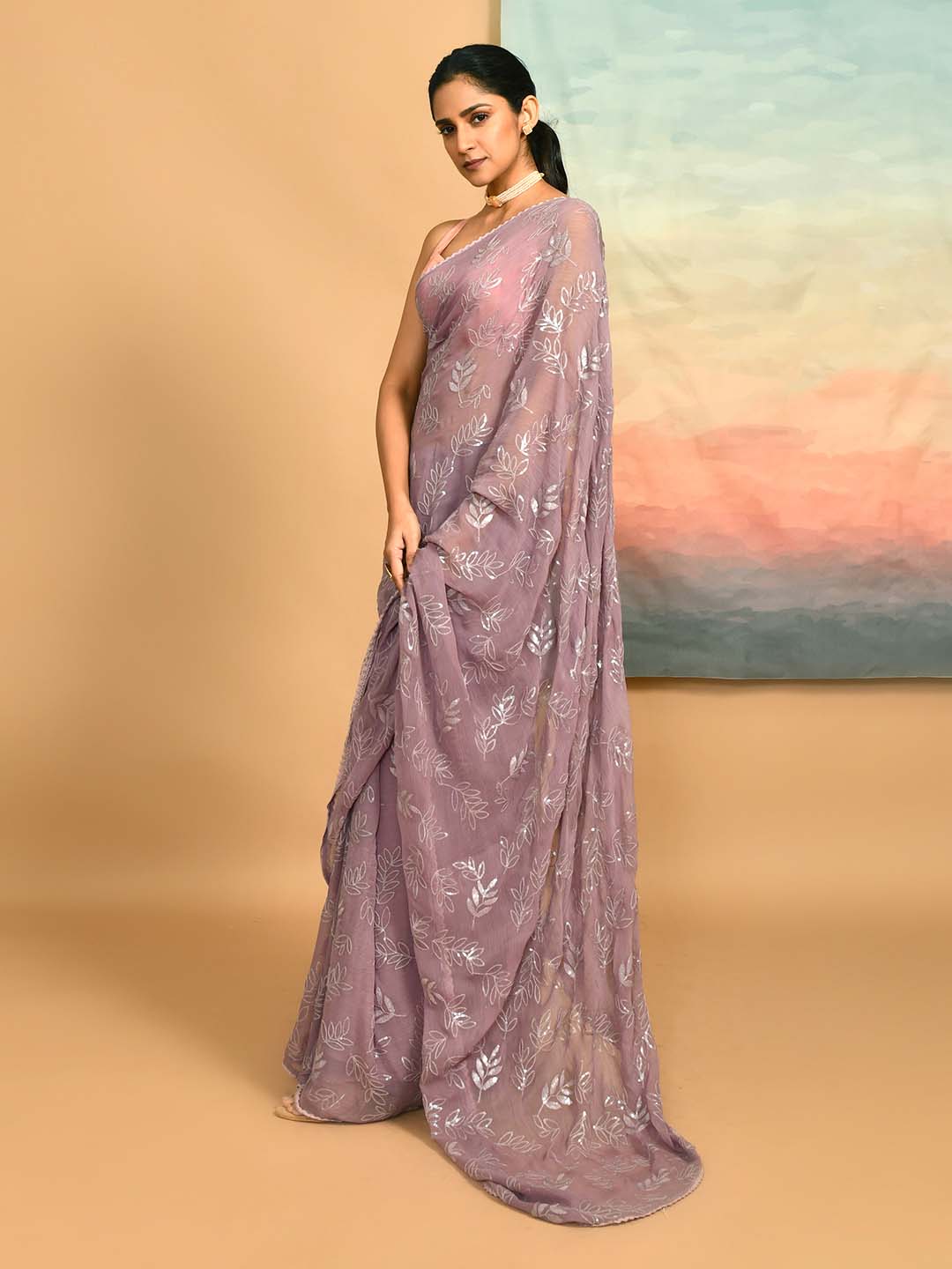 Mauve Embroidered Party Wear