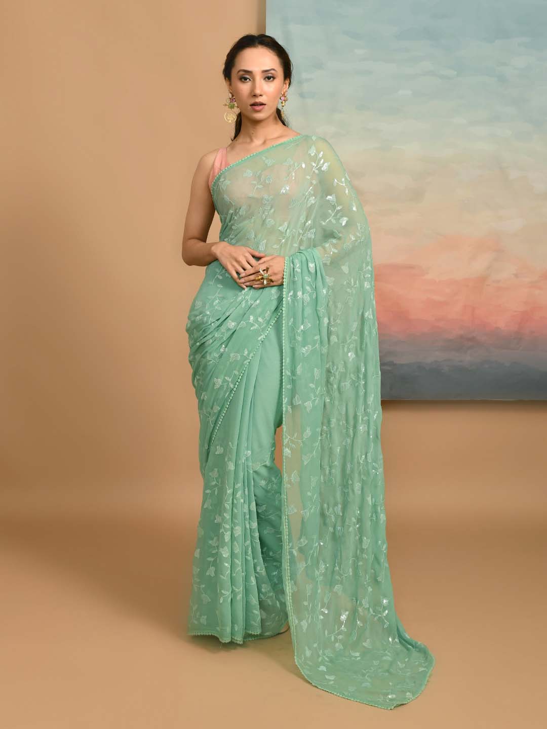 Sea Green Embroidered Party Wear