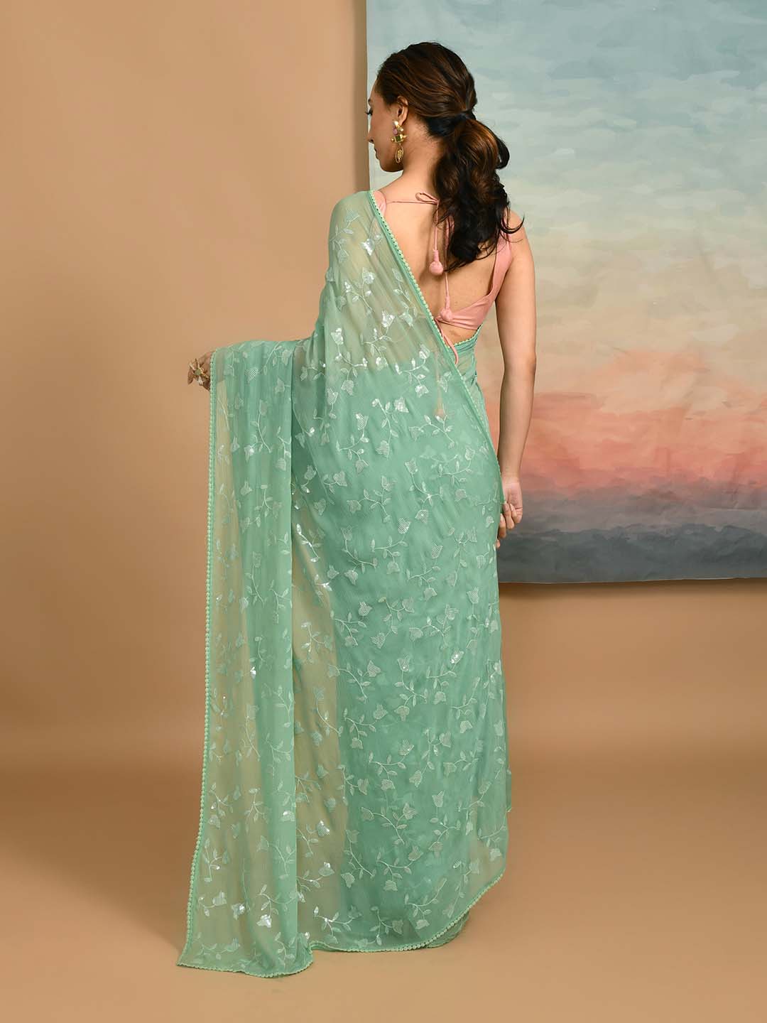 Sea Green Embroidered Party Wear