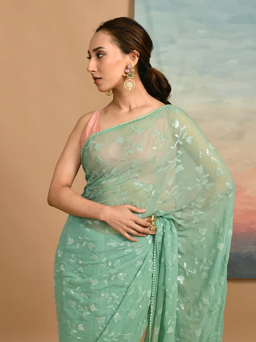 Sea Green Embroidered Party Wear