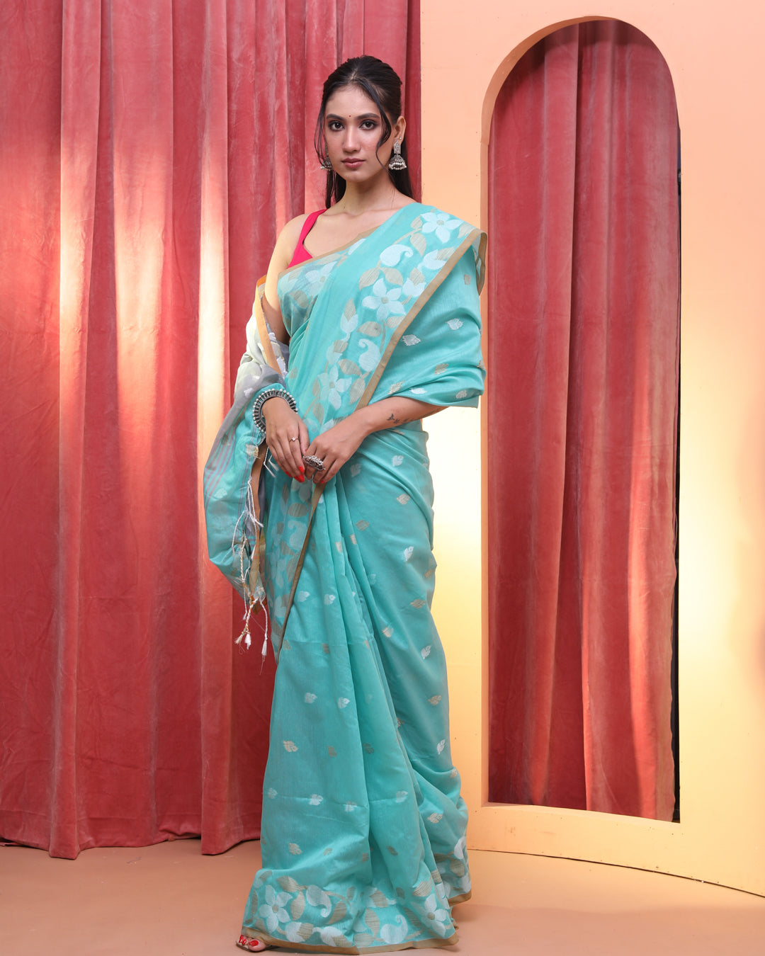 Jamdani Sea Green Woven Design Traditional Wear