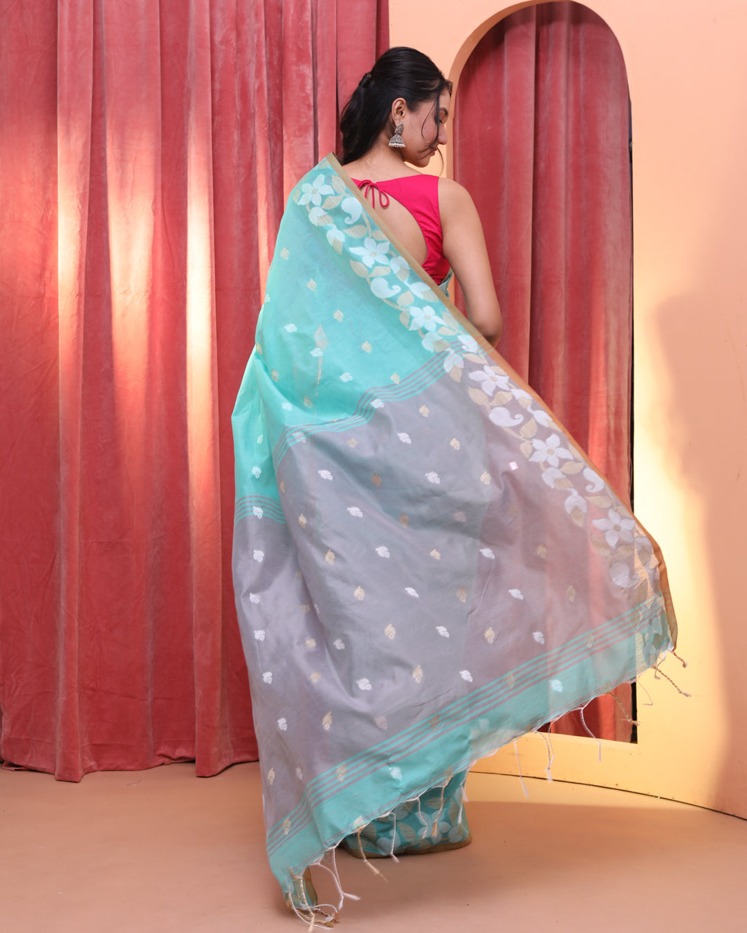 Jamdani Sea Green Woven Design Traditional Wear