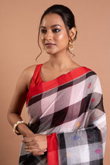 Scarlet Grid Noir Bengal Handloom Cotton Saree