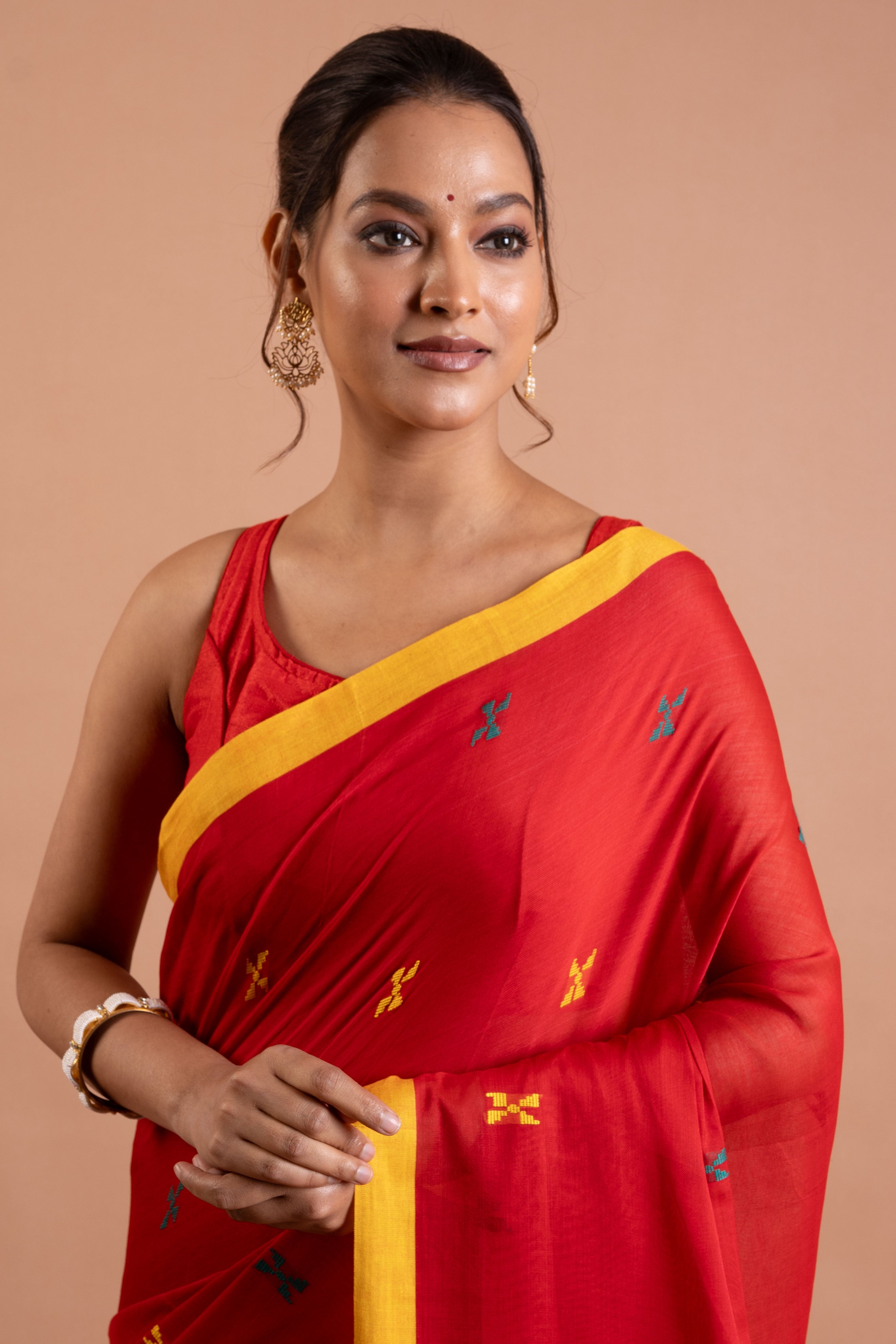 Sindoor & Peacock Checks Handwoven Cotton Saree