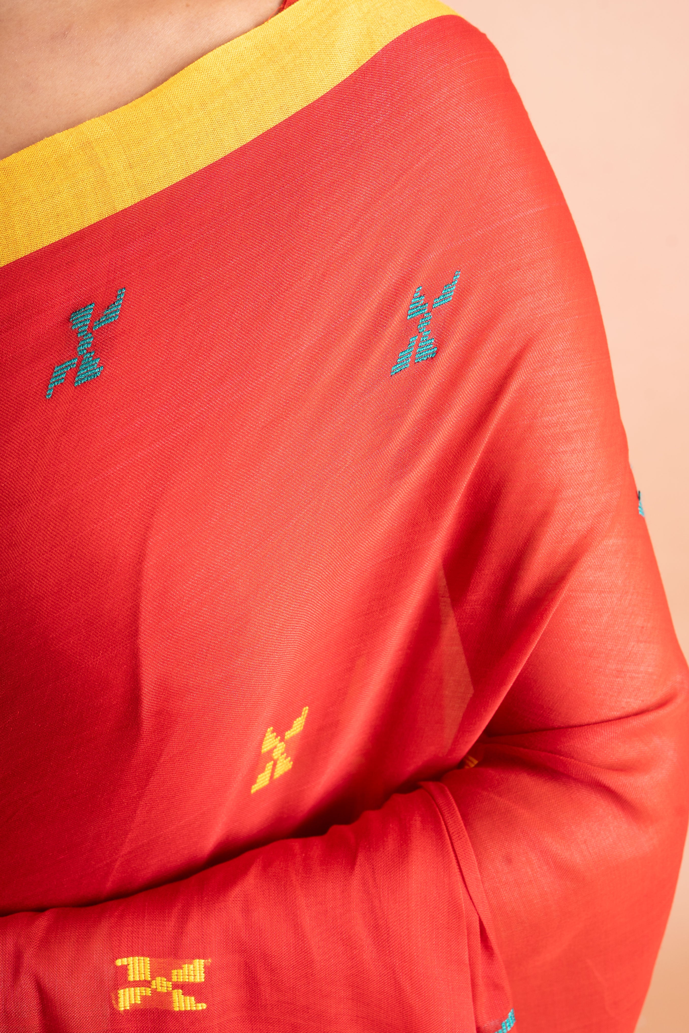 Sindoor & Peacock Checks Handwoven Cotton Saree