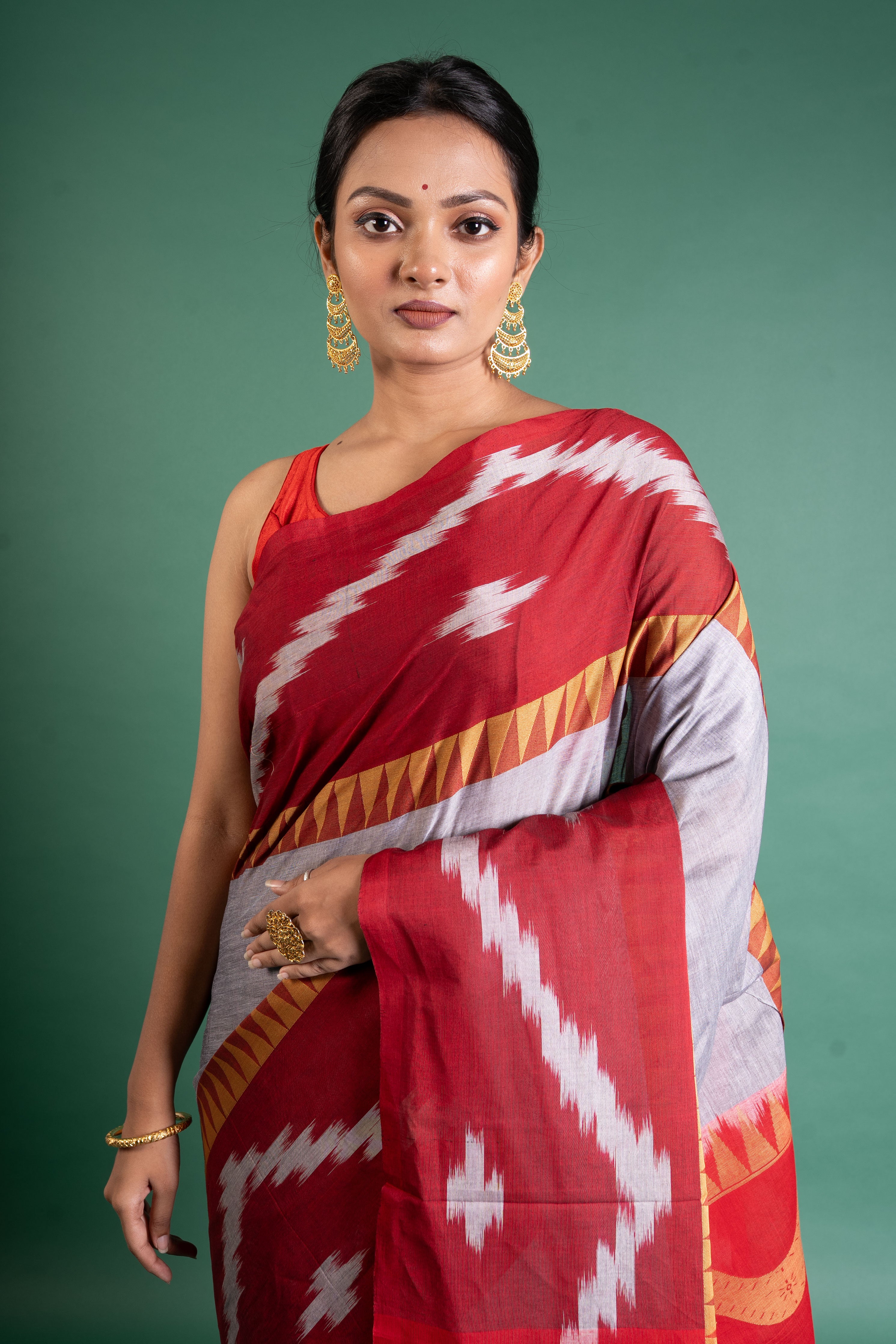 Crimson Ash Ikat Weave Saree with Tribal Border