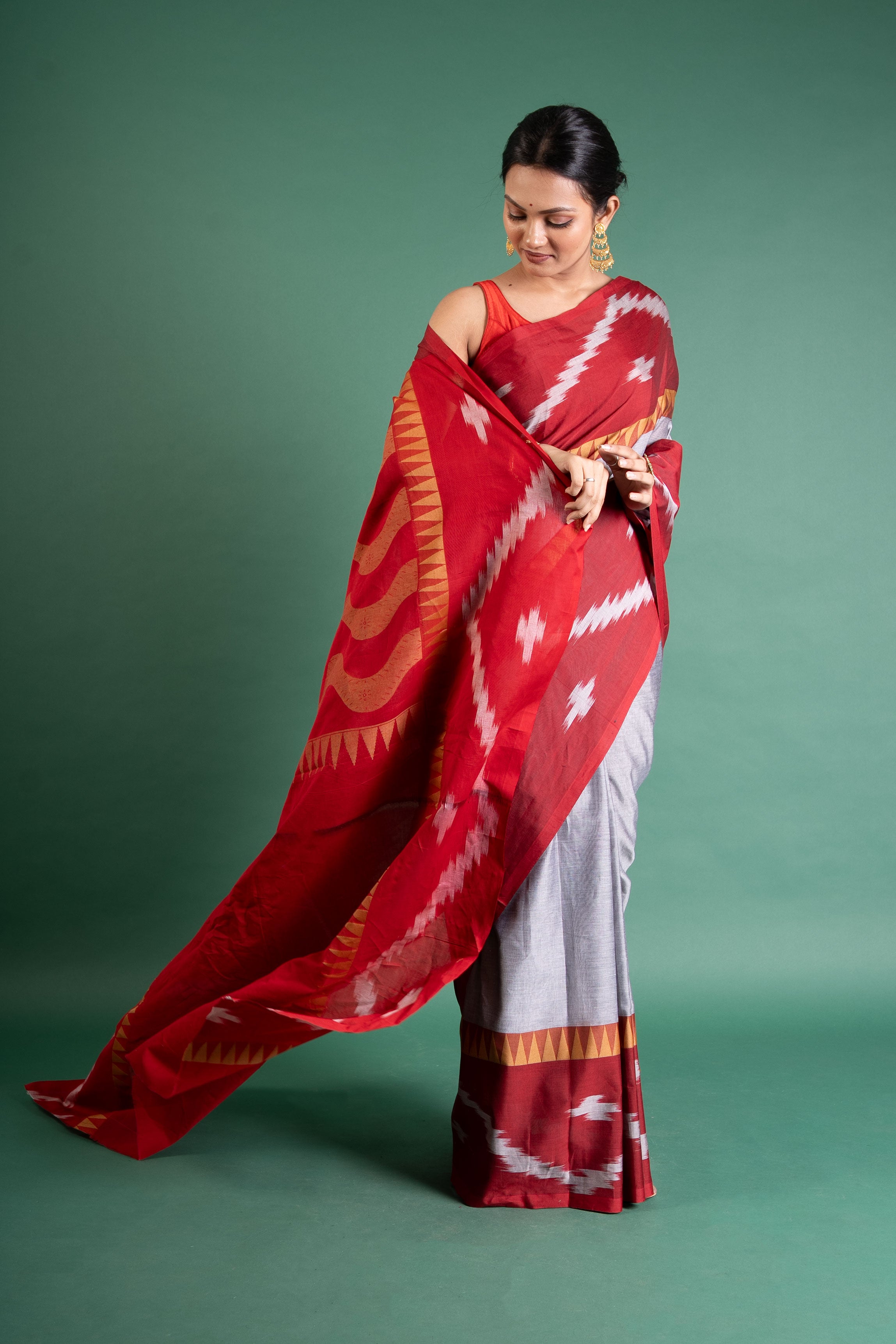 Crimson Ash Ikat Weave Saree with Tribal Border