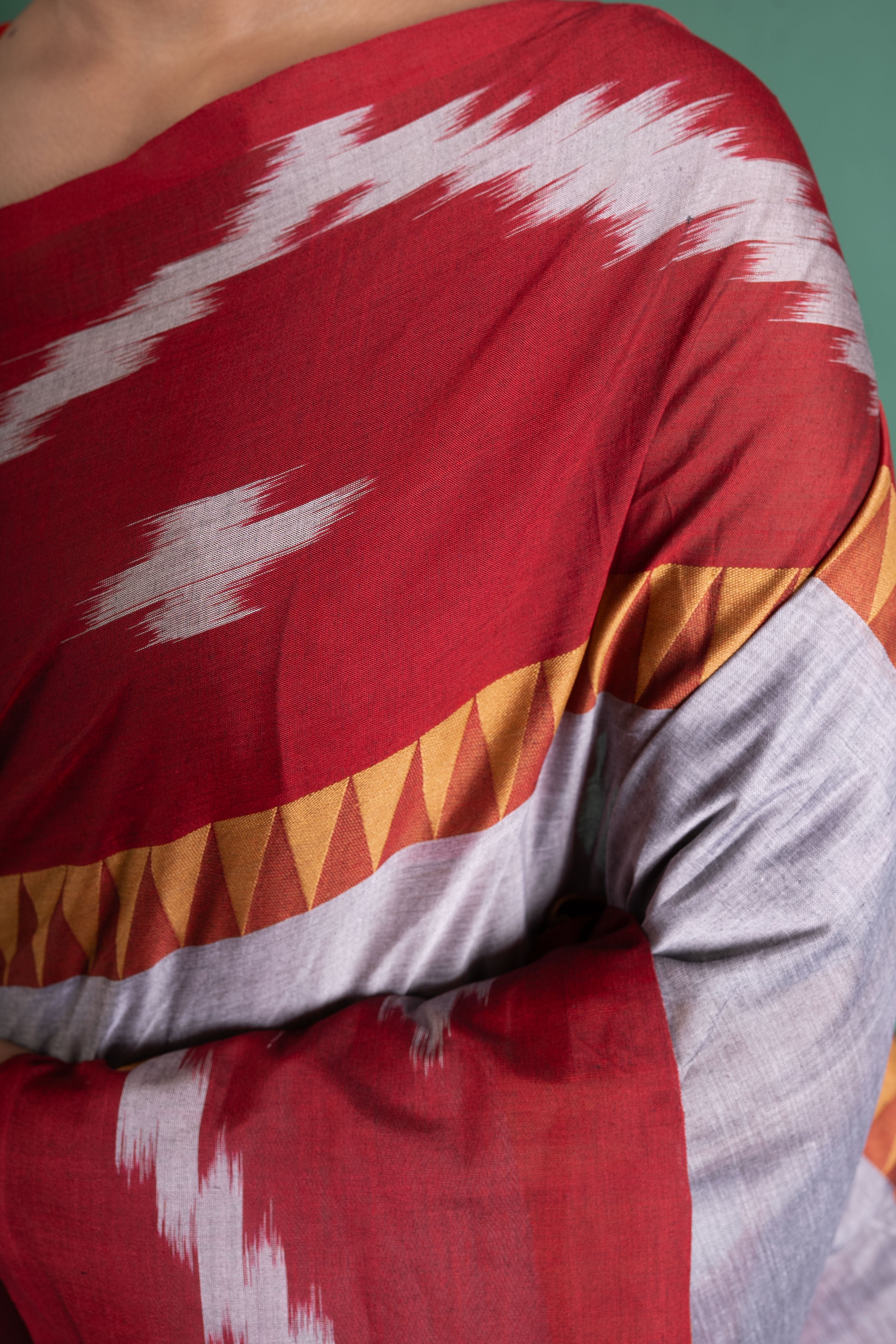 Crimson Ash Ikat Weave Saree with Tribal Border