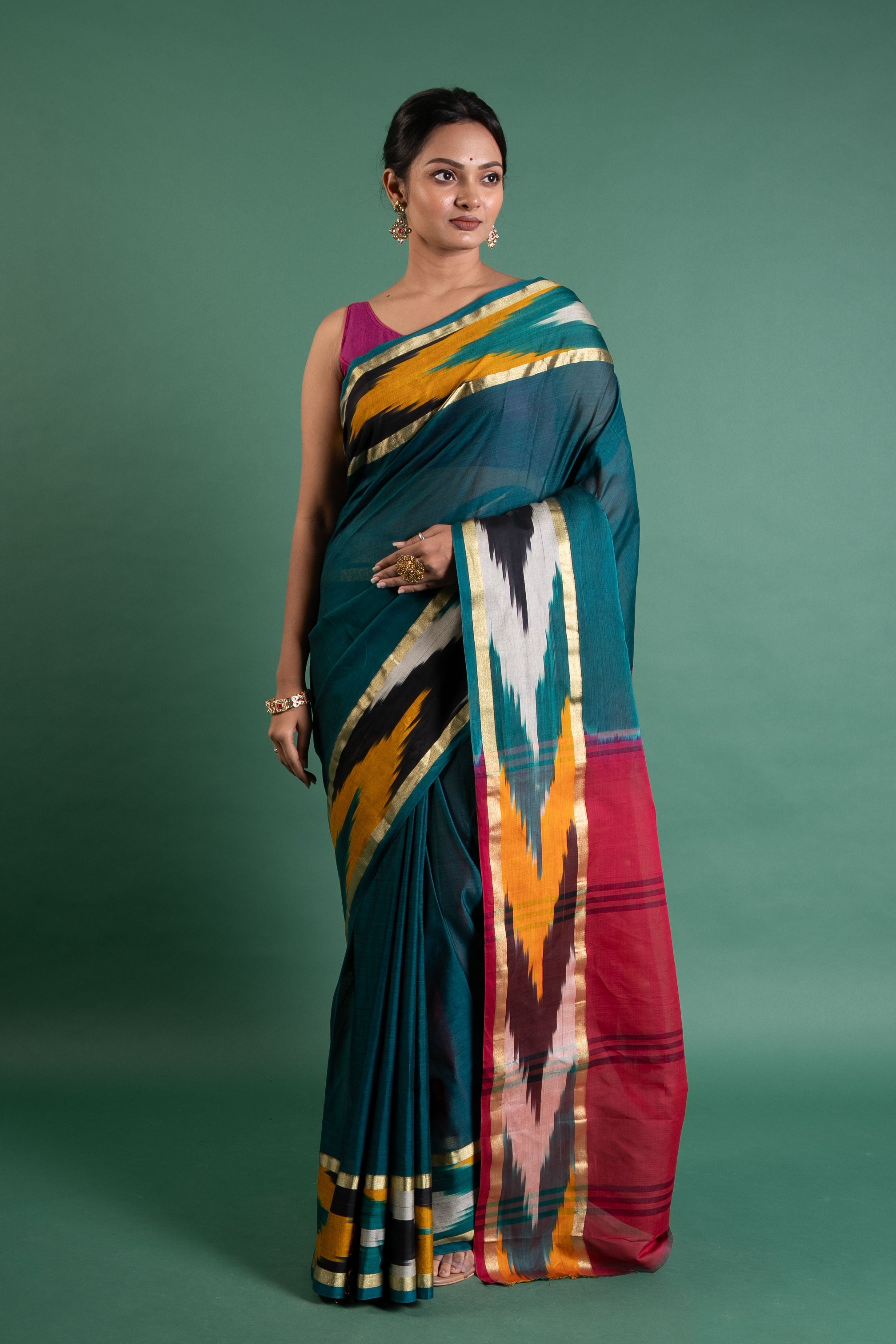 Teal & Magenta Ikat Breeze – Pure Handloom Cotton Saree