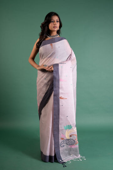 Mauve Mist Handloom Cotton Saree with Grey Border