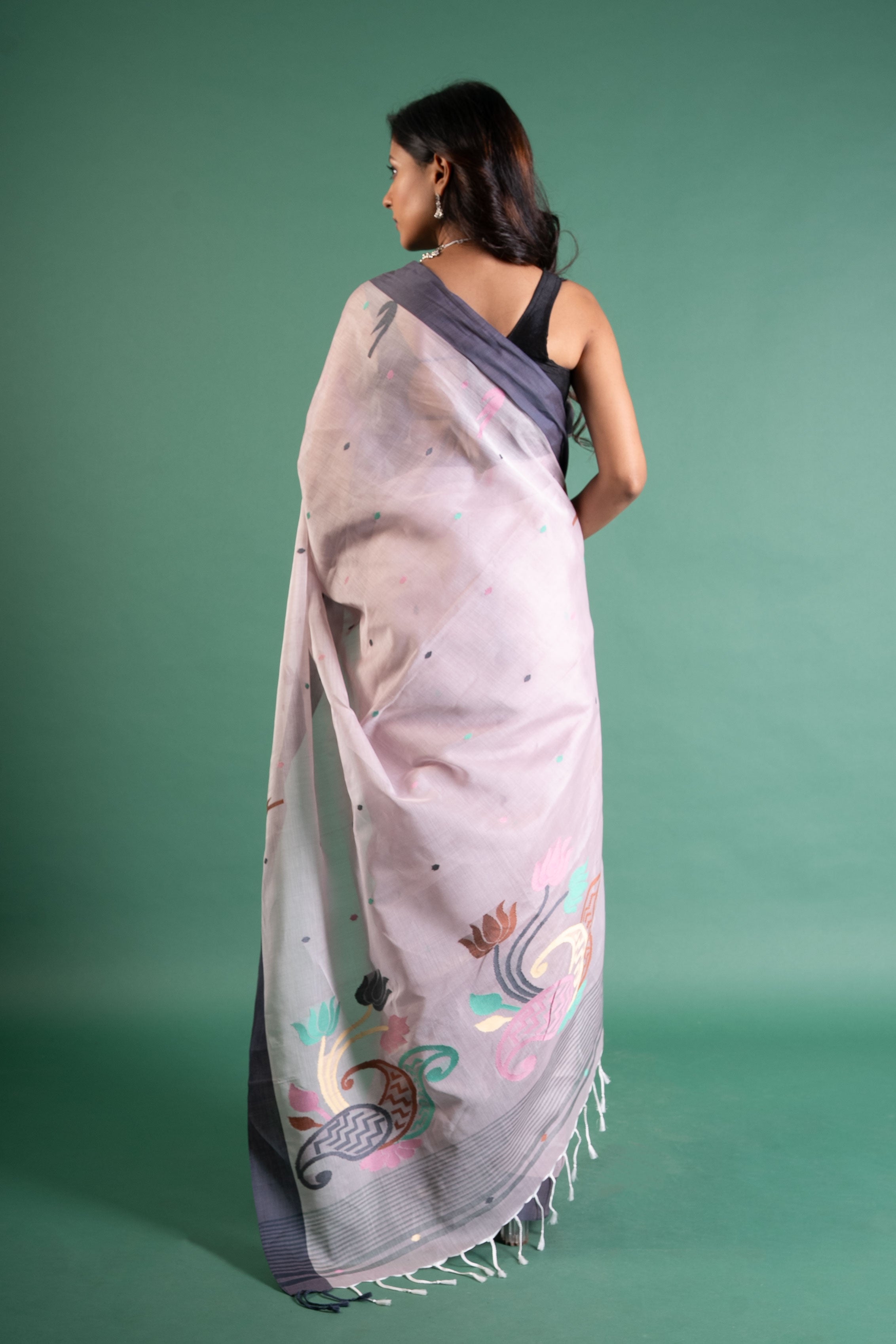 Mauve Mist Handloom Cotton Saree with Grey Border