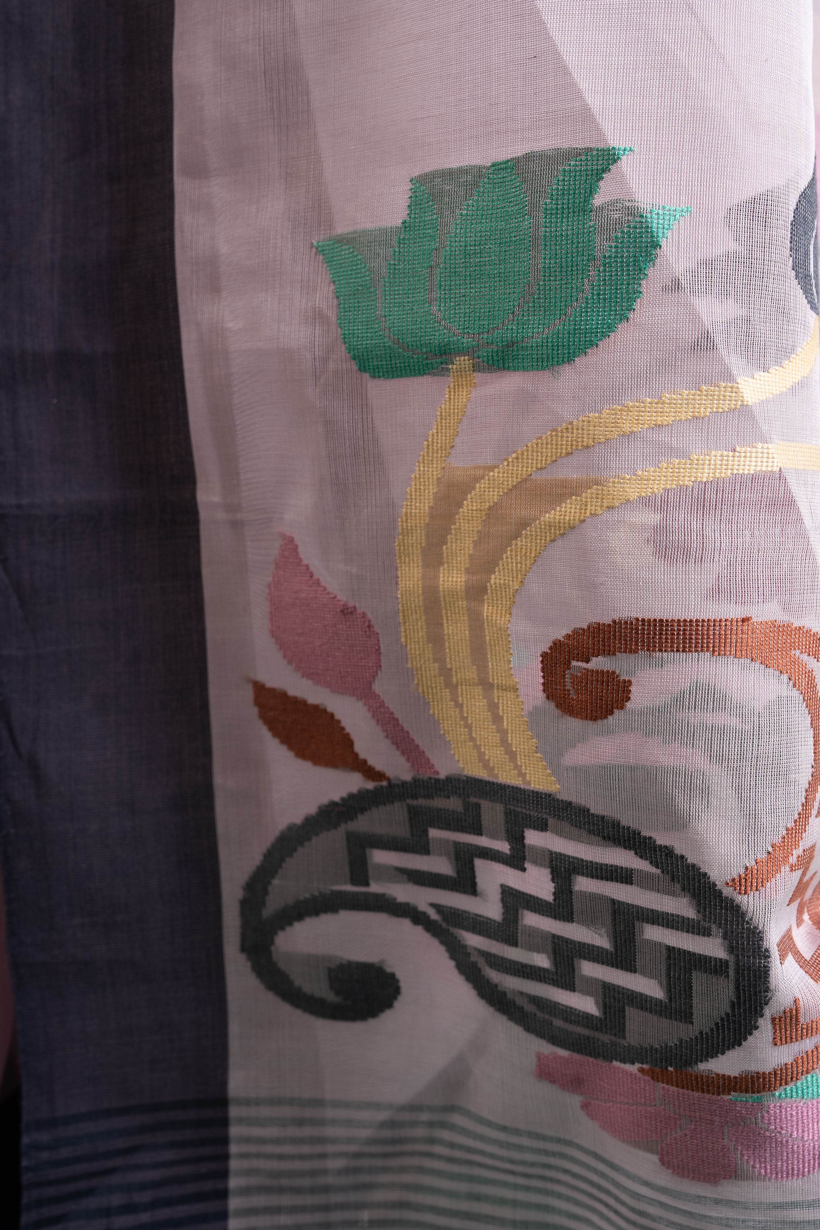 Mauve Mist Handloom Cotton Saree with Grey Border