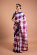 Rangrekha Pink Check Pure Handloom Saree with Blue Border