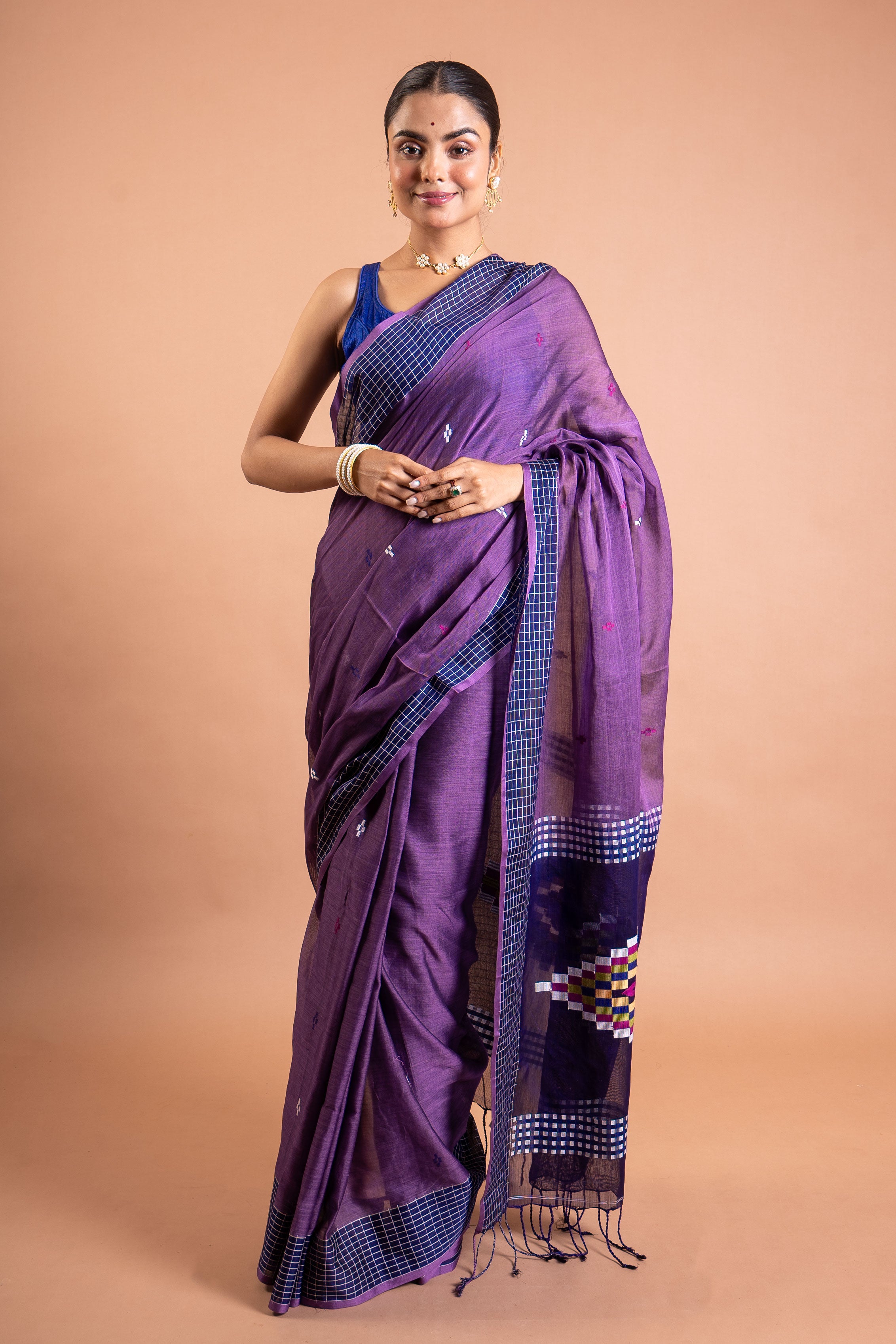 Neel-Grid Violet Handloom Saree