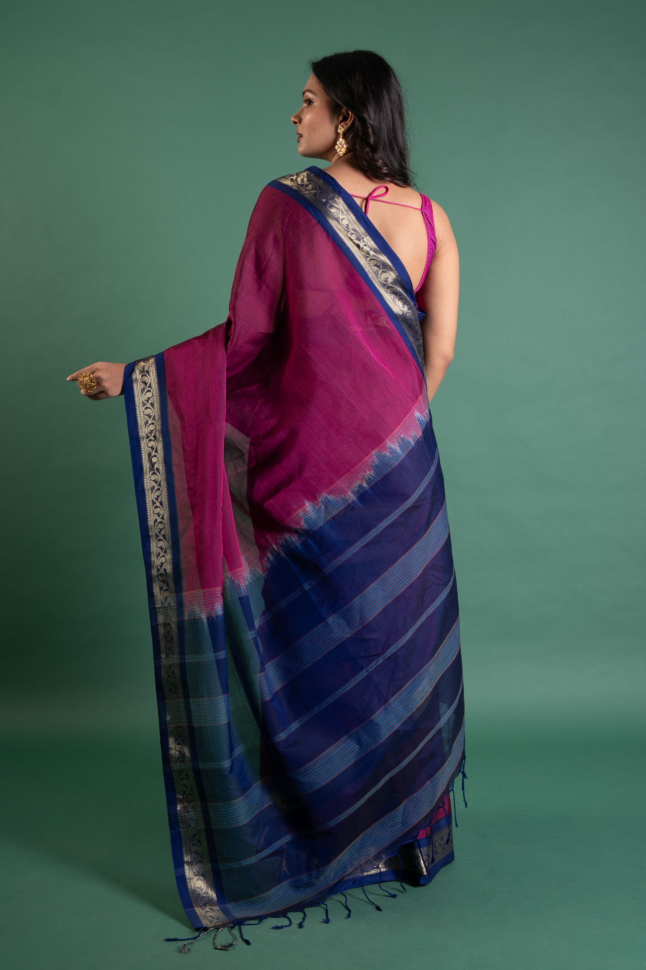 Magenta–Navy Zari Border Pure Handloom Saree