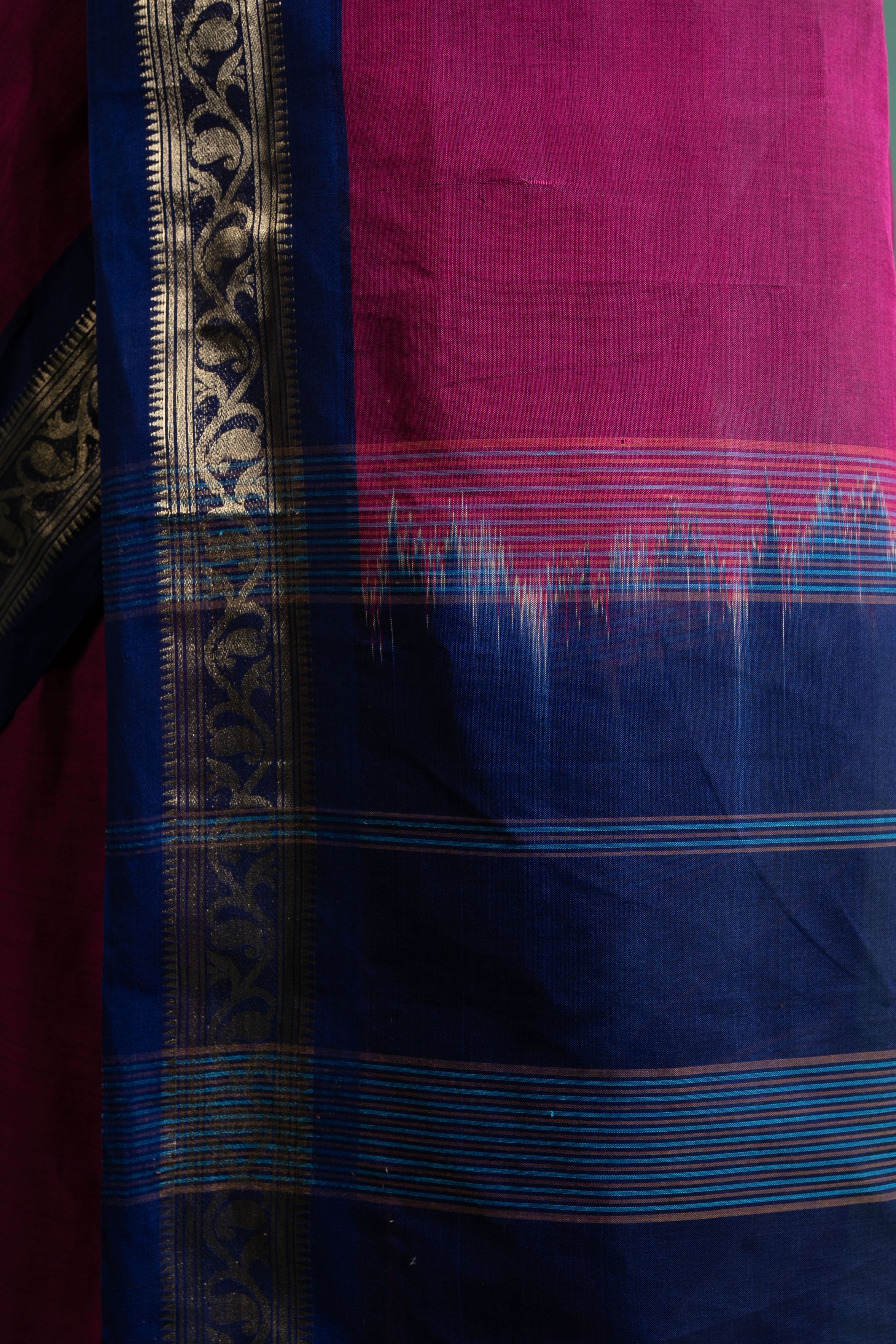 Magenta–Navy Zari Border Pure Handloom Saree