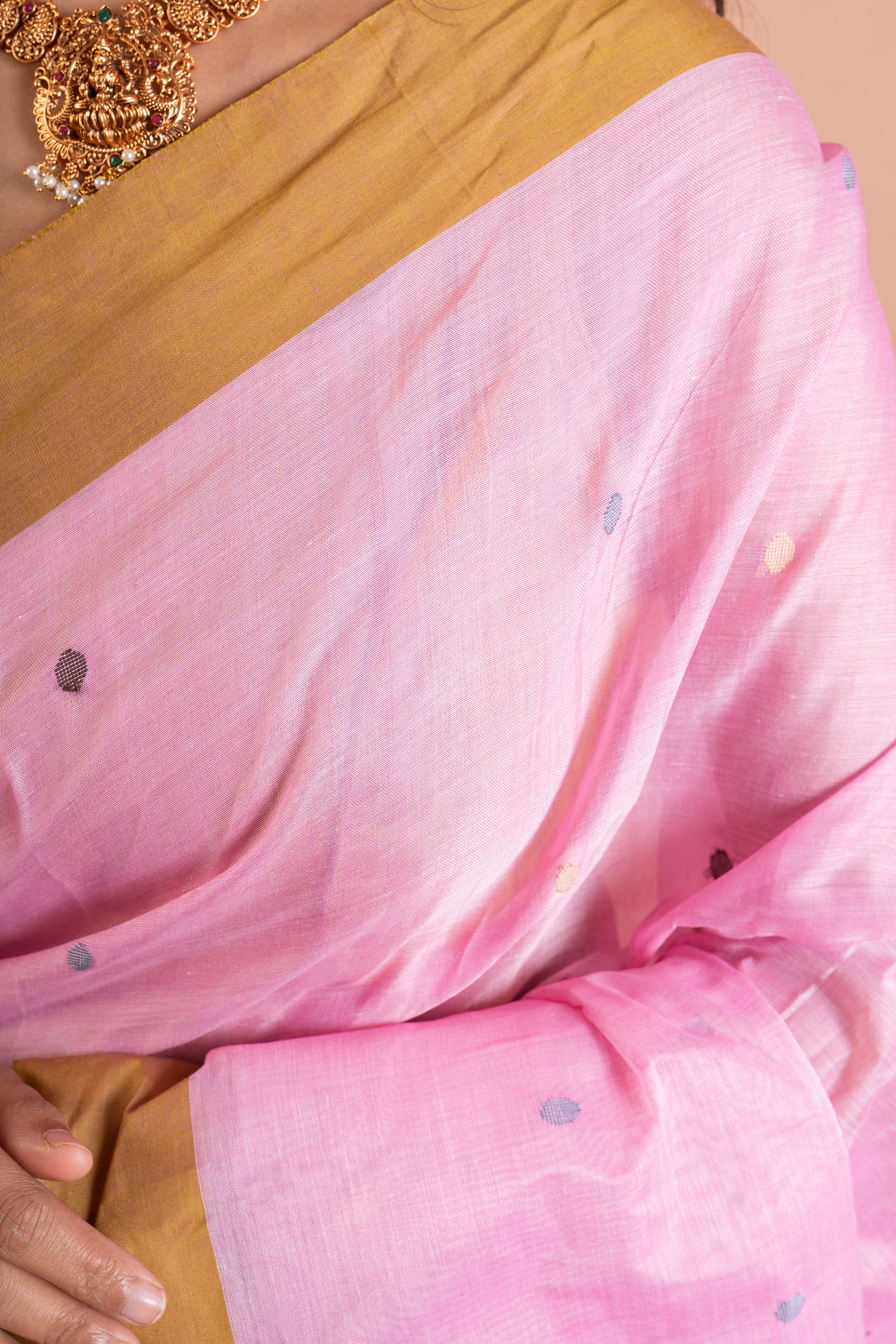 Blush Pink Handloom Cotton Saree with Mustard Gold Border