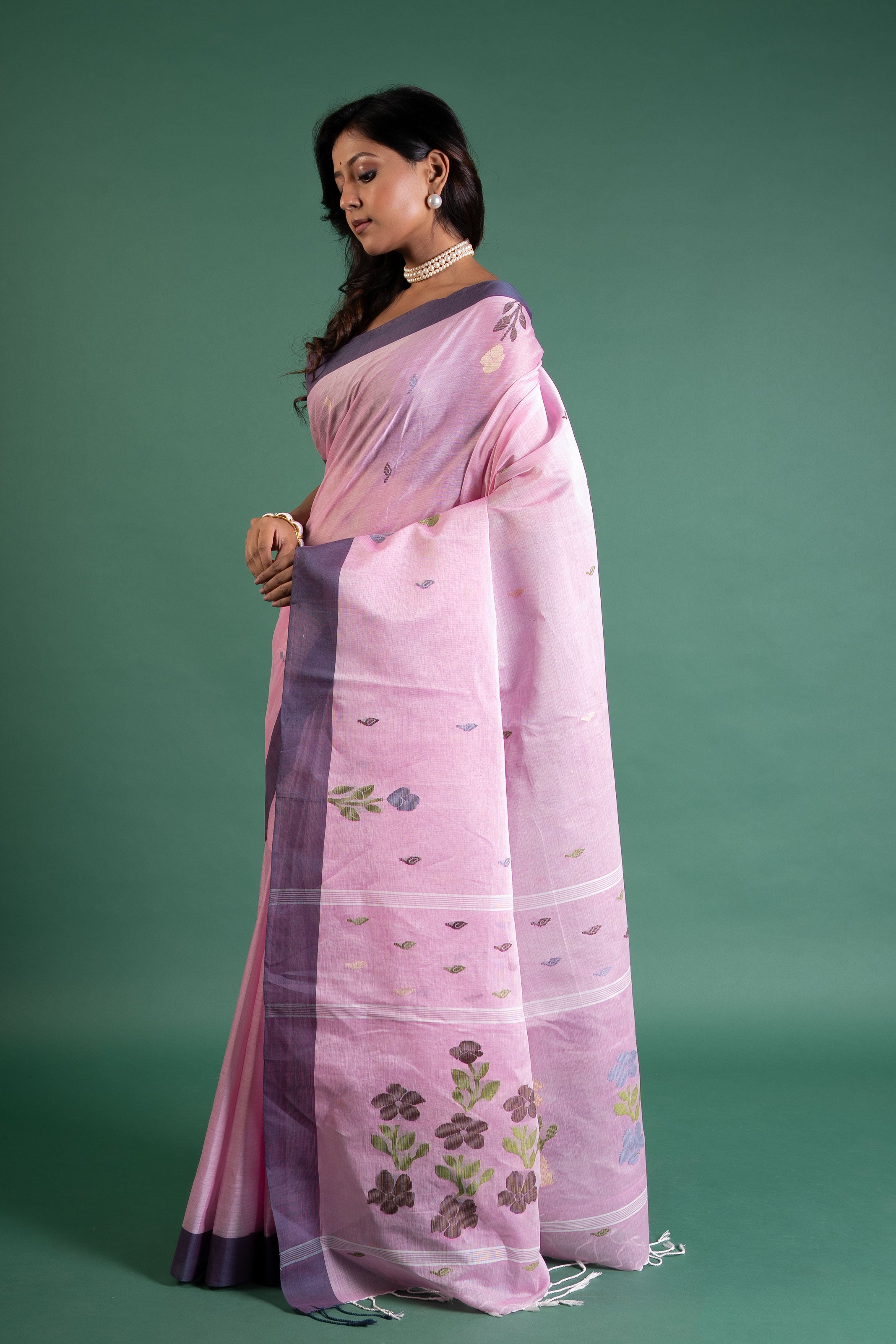 Blush Pink & Lilac Jamdani Handloom Saree