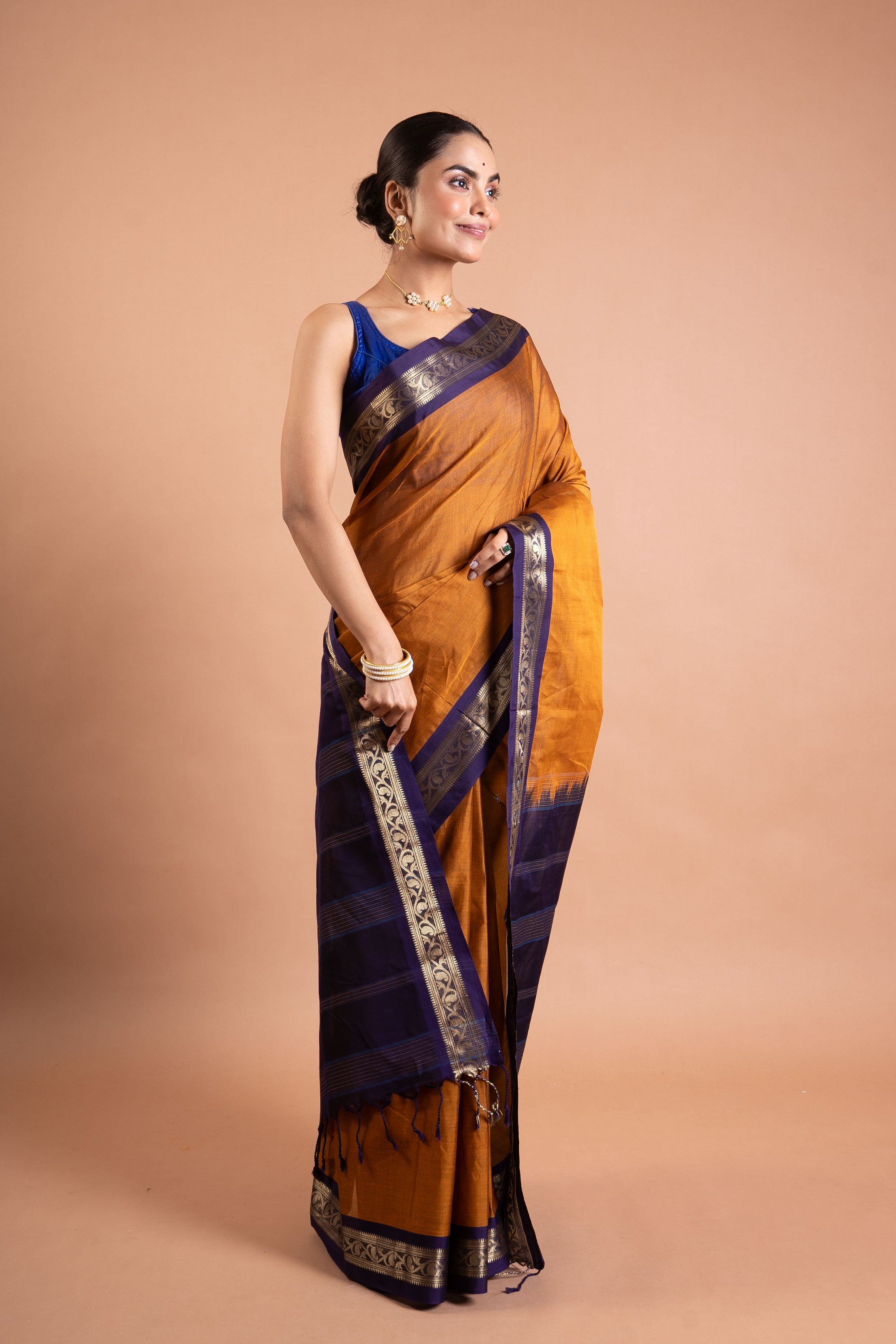 Amber Mustard & Navy Zari Border Pure Handloom Saree