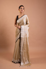 Teal & Maroon Handwoven Tissue Saree with Zari Stripes