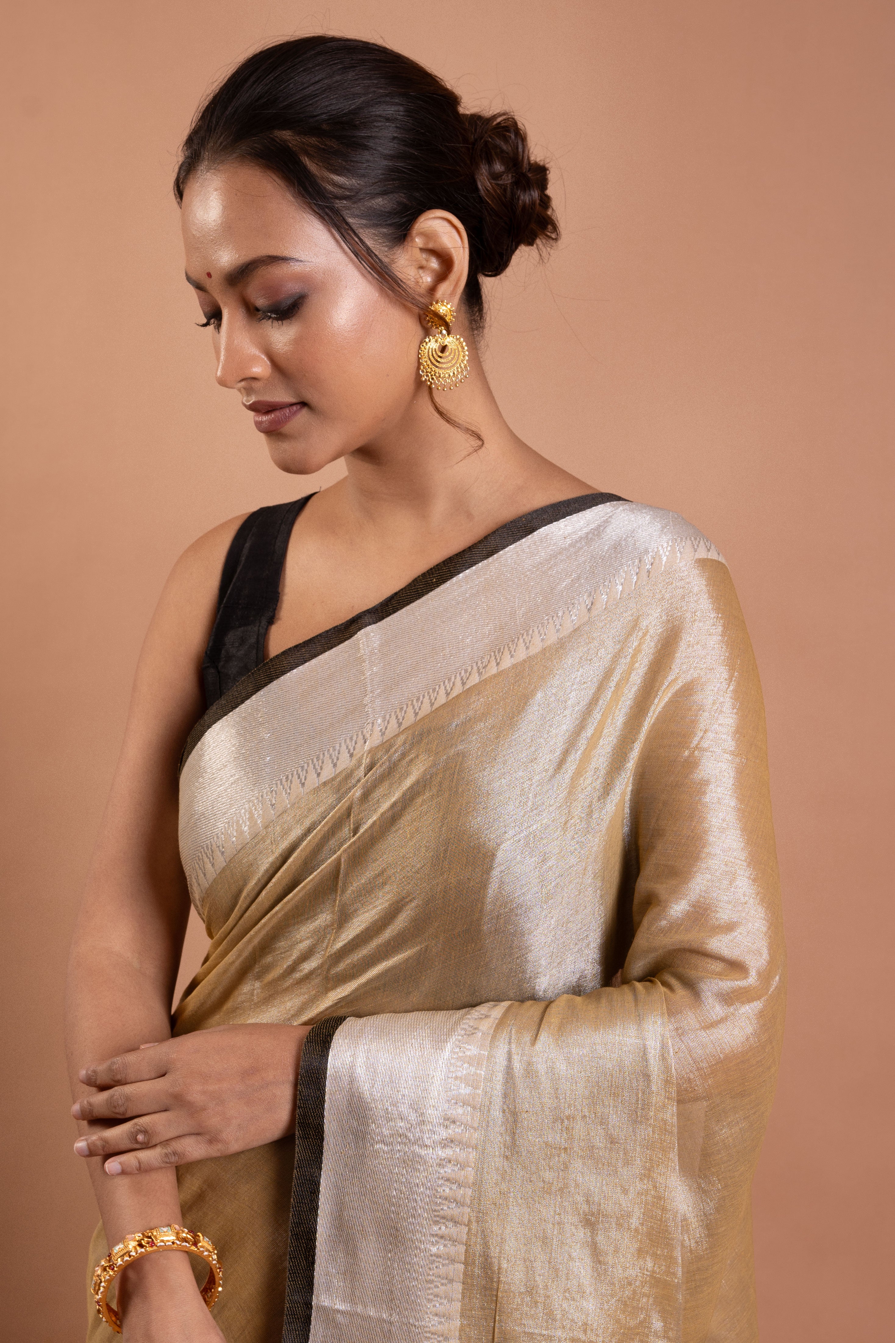 Teal & Maroon Handwoven Tissue Saree with Zari Stripes