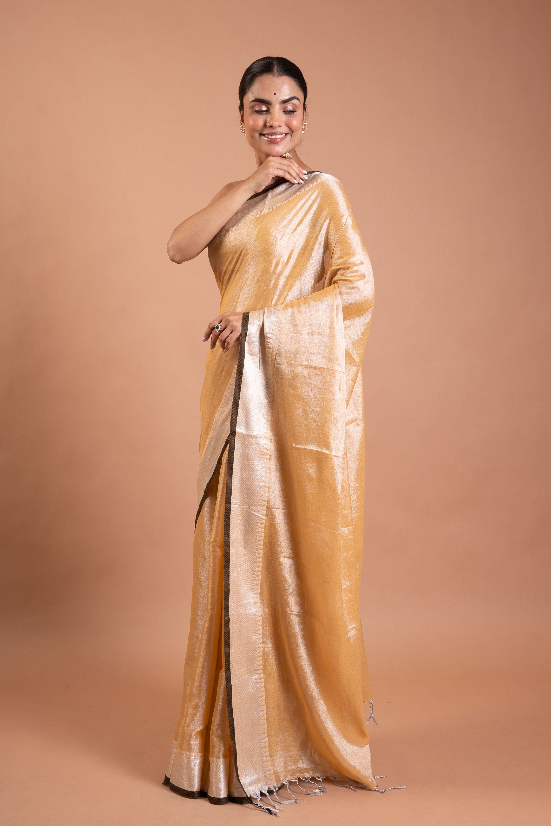 Golden Mist Pure Tissue Saree with Silver Sheen Border