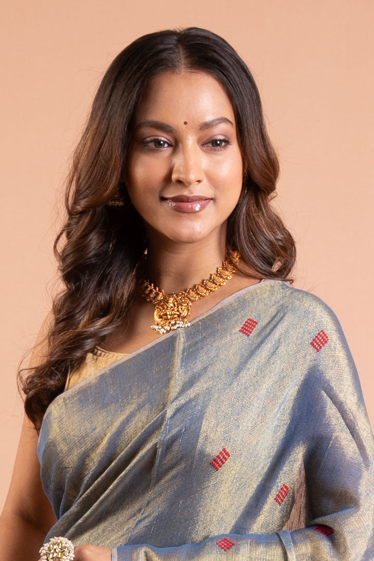 Steel Blue Pure Tissue Saree with Red Buttas & Zari-Striped Pallu