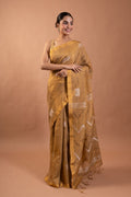 Antique Gold Linen Tissue Saree with Silver Buttis & Chevron Pallu