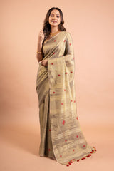 Champagne Gold Linen Tissue Saree with Red Butti & Tassels