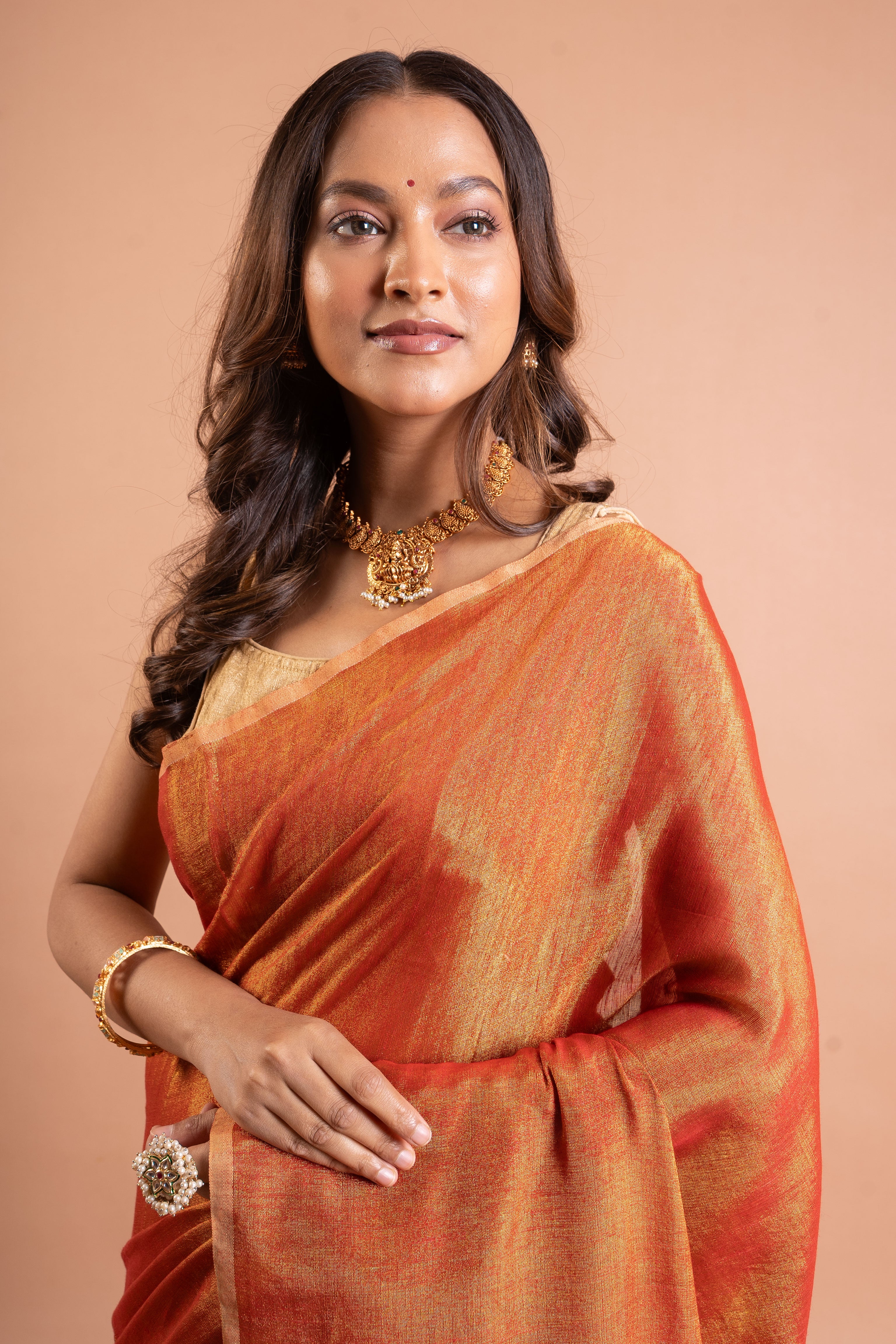 Amber Rust Linen Tissue Saree with Gold Stripe Pallu