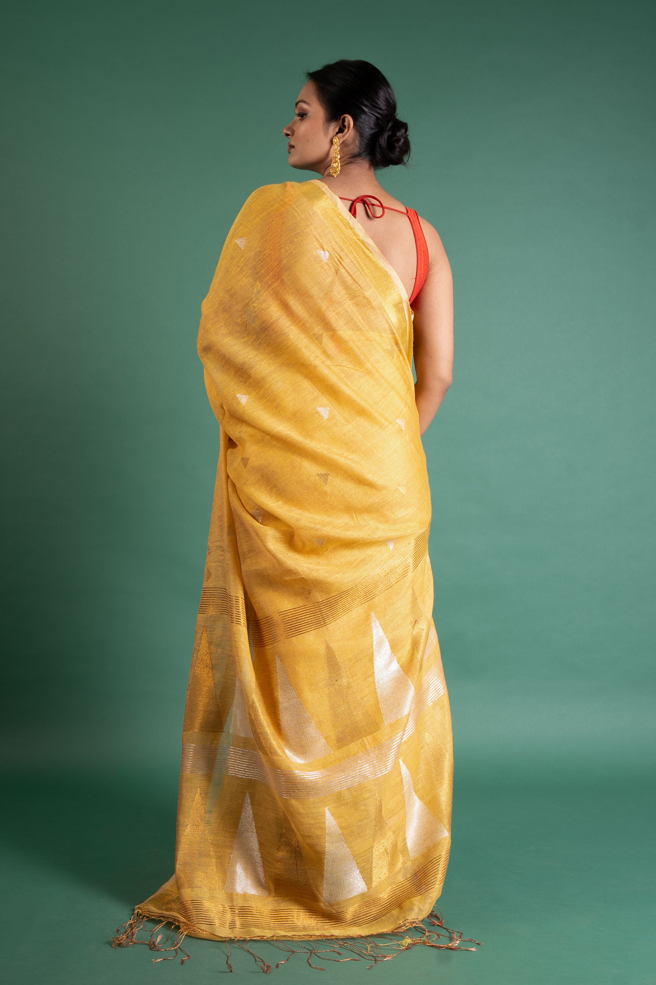 Sunlit Mustard Linen Tissue Saree with Silver Butis