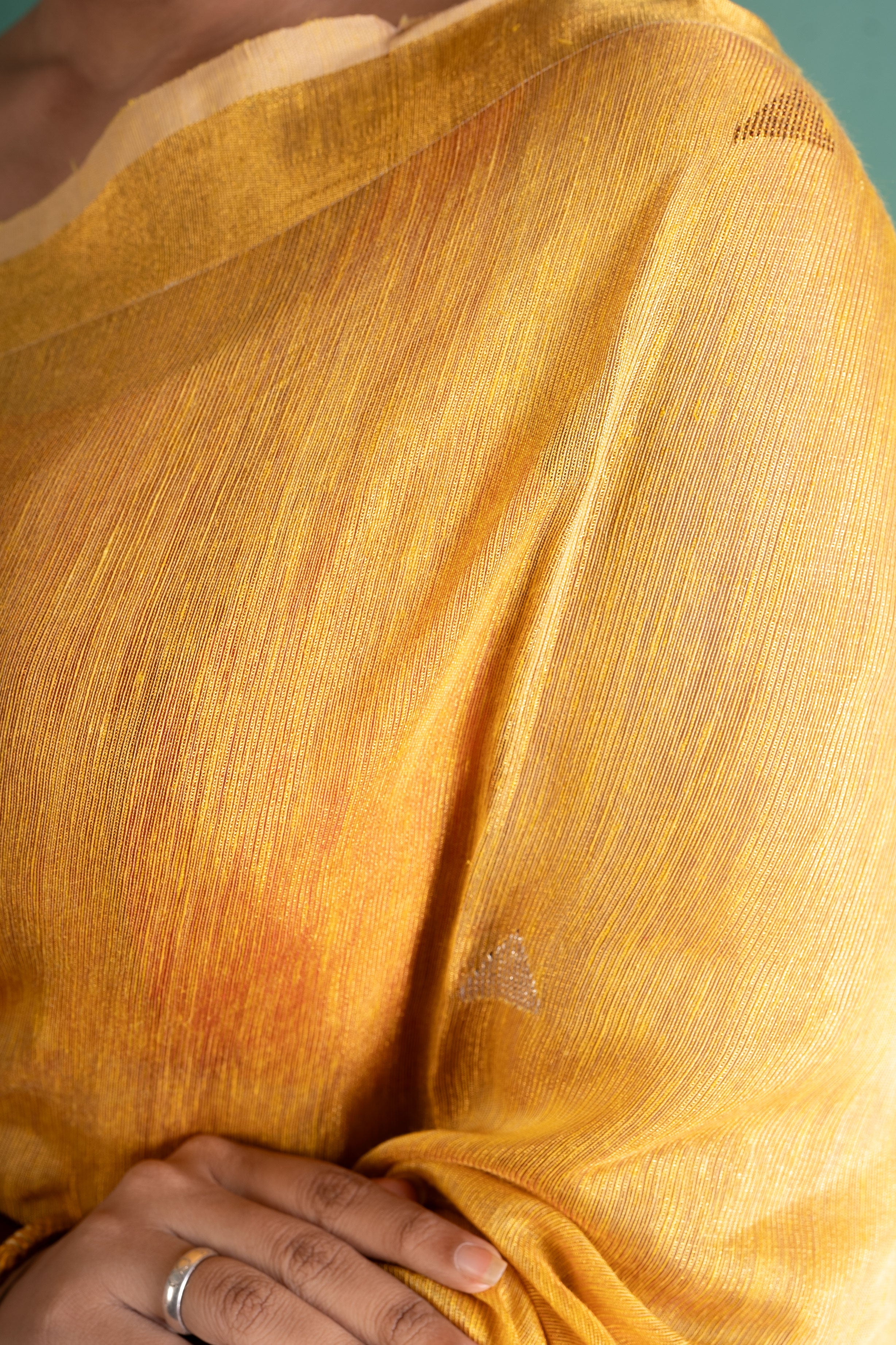 Sunlit Mustard Linen Tissue Saree with Silver Butis