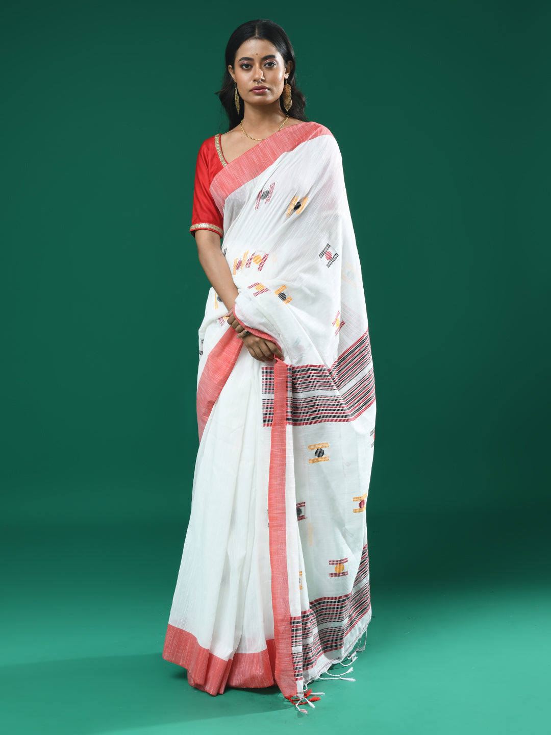 Jamdani White Woven Design Daily Wear  Saree