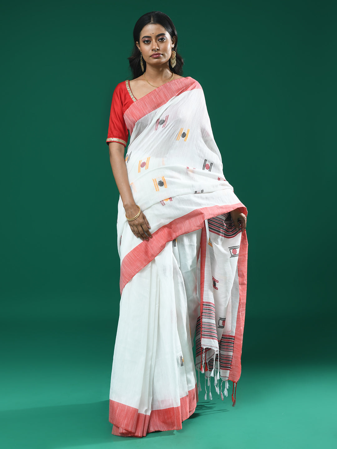 Jamdani White Woven Design Daily Wear  Saree