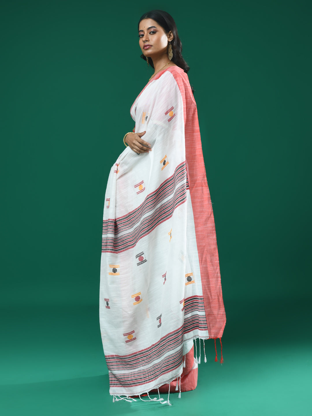 Jamdani White Woven Design Daily Wear  Saree