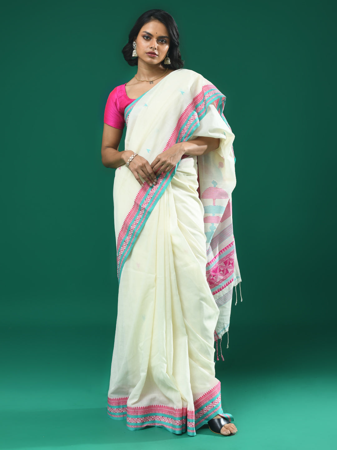 Jamdani White Woven Design Daily Wear  Saree