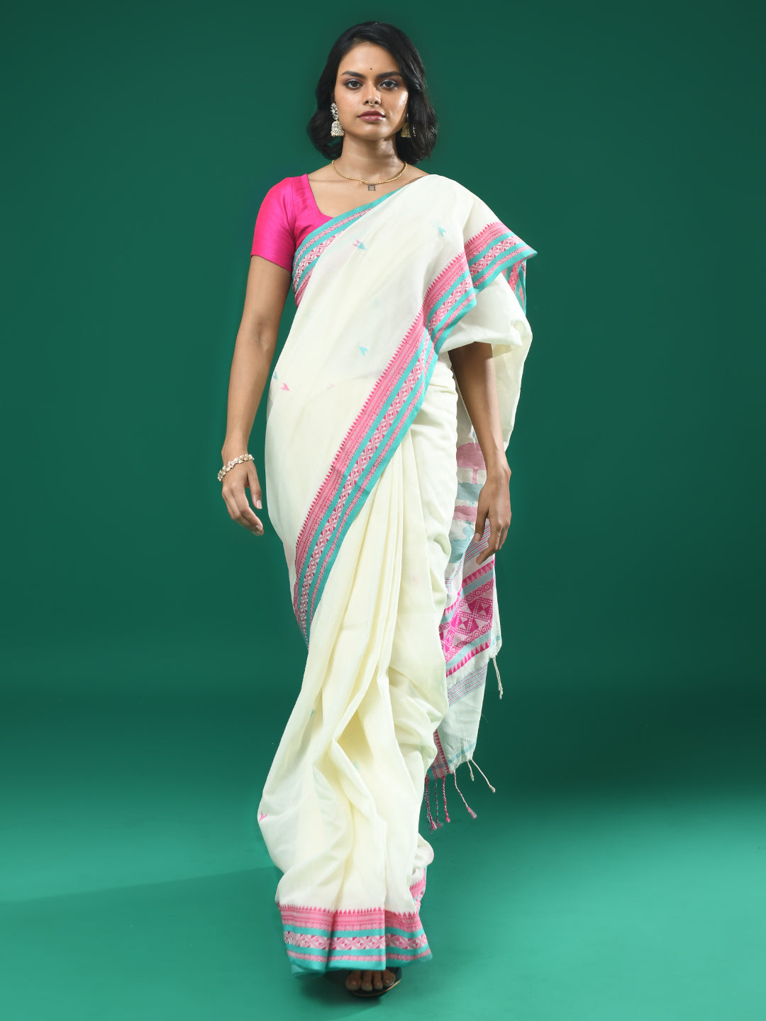 Jamdani White Woven Design Daily Wear  Saree