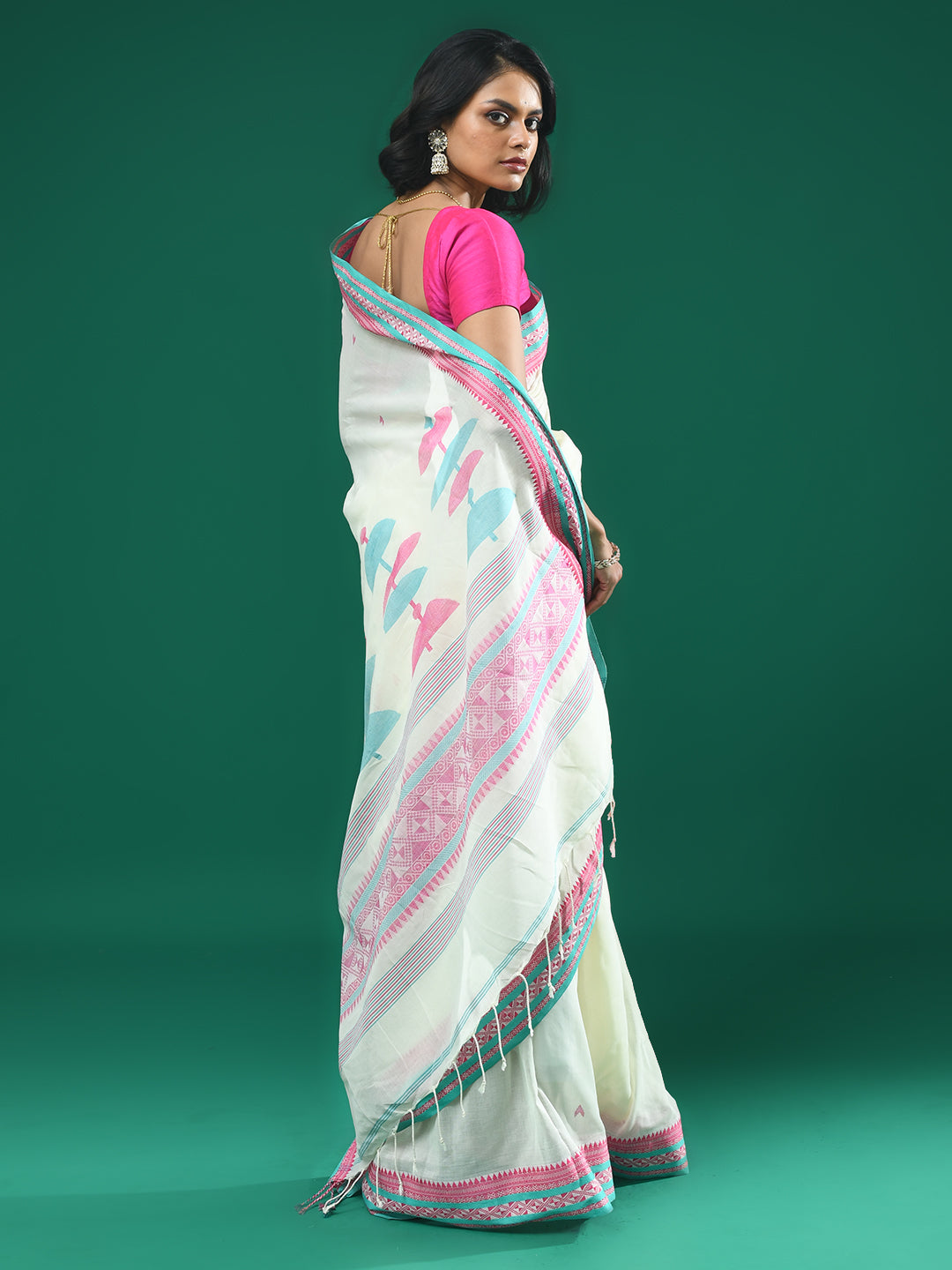 Jamdani White Woven Design Daily Wear  Saree