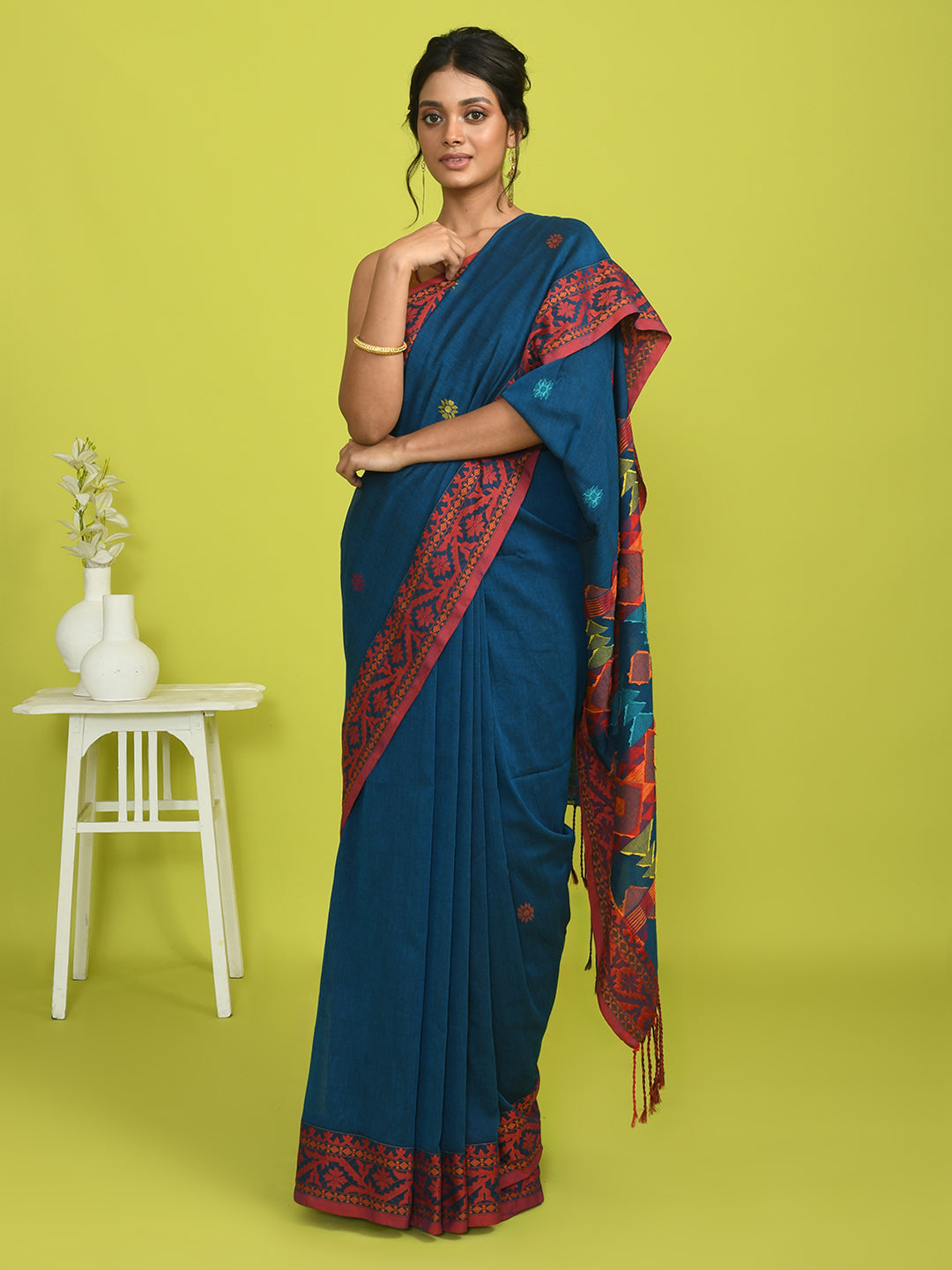 Jamdani Blue Woven Design Daily Wear  Saree