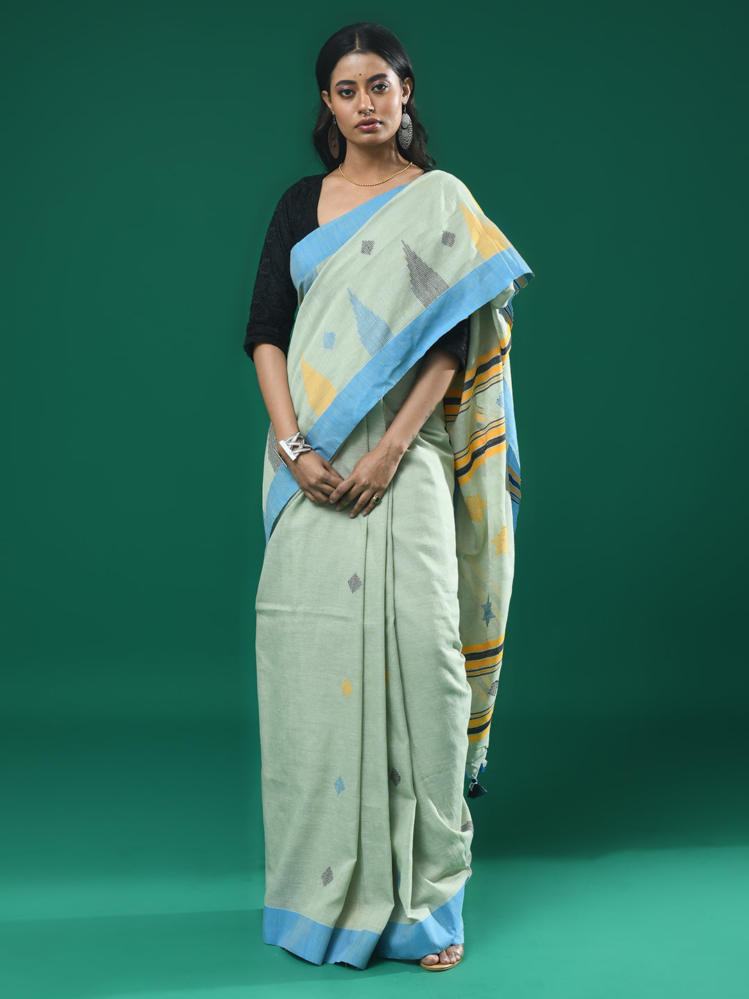 Jamdani Green Woven Design Daily Wear  Saree