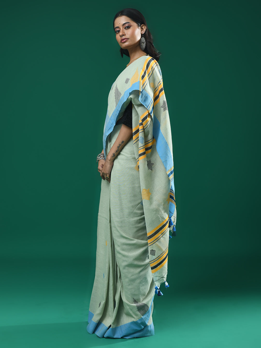 Jamdani Green Woven Design Daily Wear  Saree