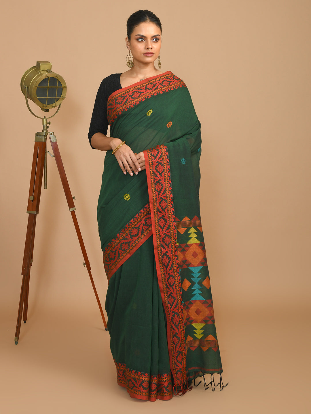 Jamdani Green Woven Design Daily Wear  Saree