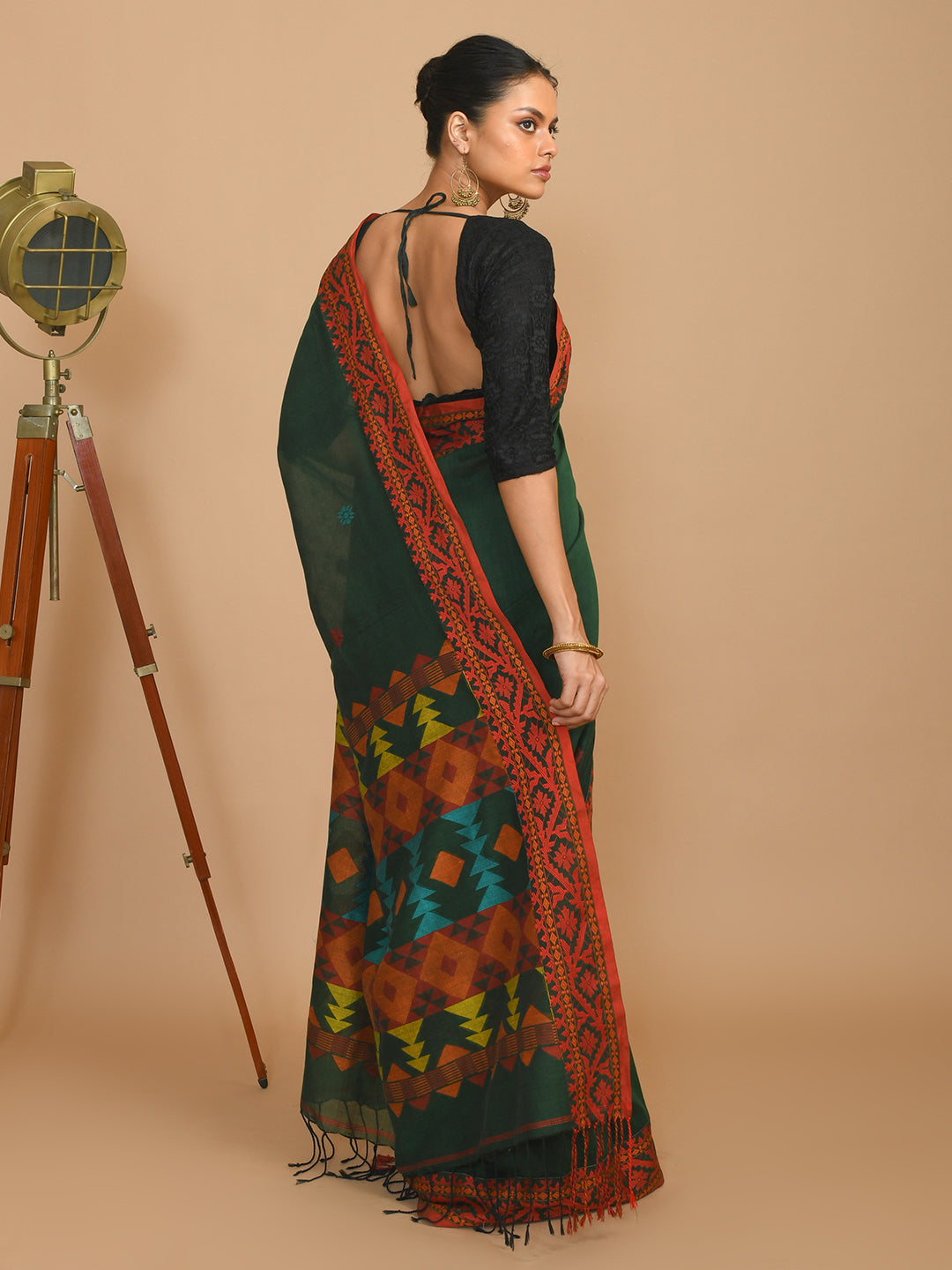 Jamdani Green Woven Design Daily Wear  Saree