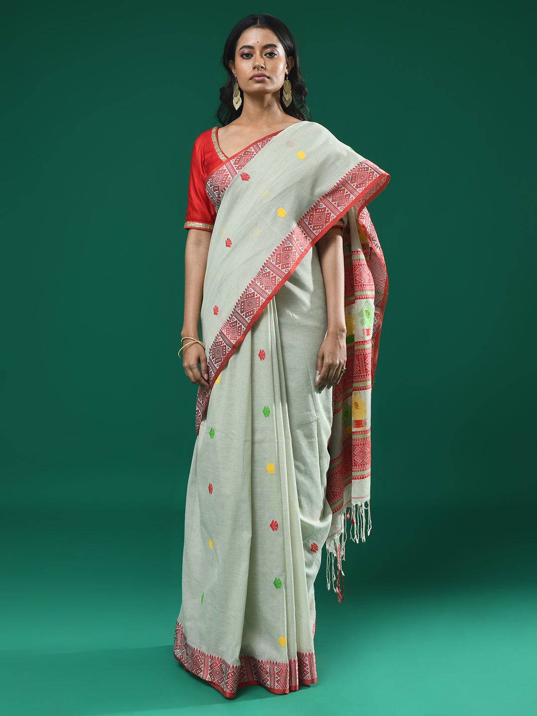 Jamdani Green Woven Design Daily Wear  Saree