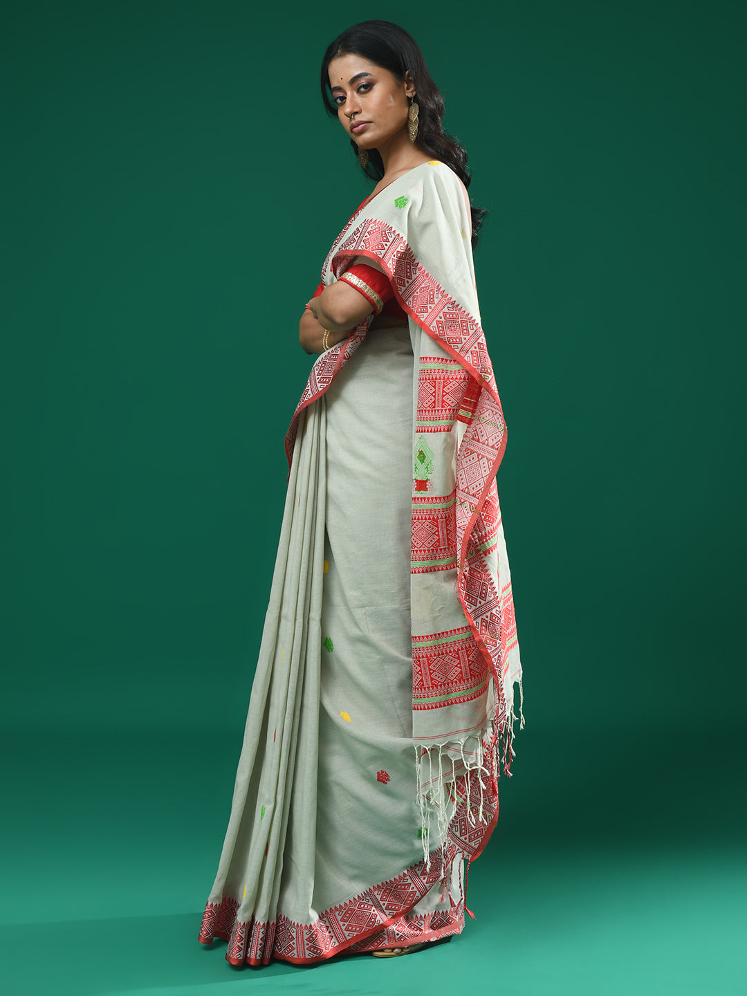 Jamdani Green Woven Design Daily Wear  Saree