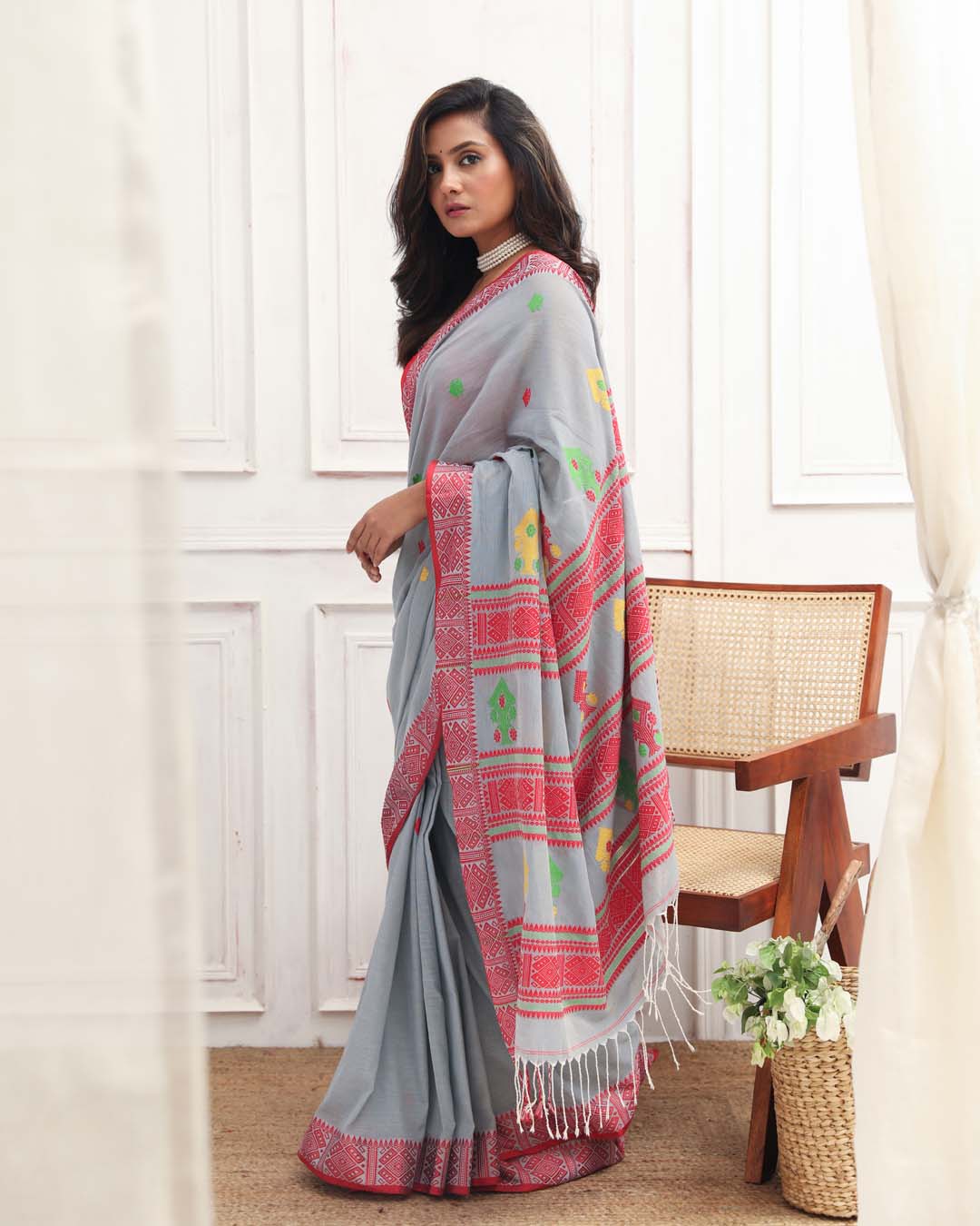 Jamdani Grey Woven Design Daily Wear  Saree